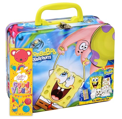SpongeBob Squarepants Coloring and Activity Tin Box for Kids, with Crayons, Stickers, Sketch Pad, Mess Free Crafts Color Kit for Toddlers, Boys, and Girls Bookmark Included