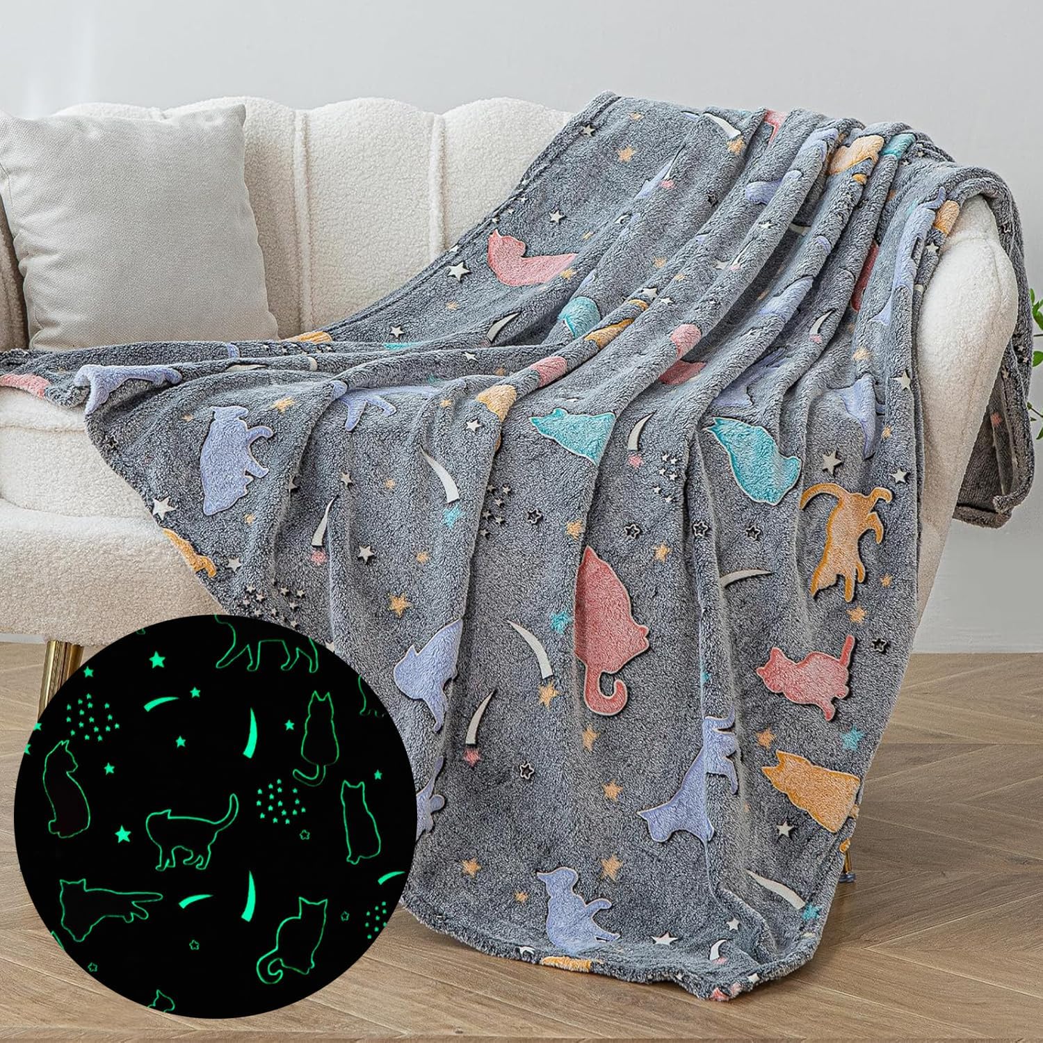 Sviuse Glow in The Dark Cat Blanket Ultra Soft Flannel Throw Gifts for Cats Lovers Girls Kids Grey Lovely Kitten Pattern Luminous Blankets for Couch Bed Sofa (50"x60", Cat 9) - Image 2