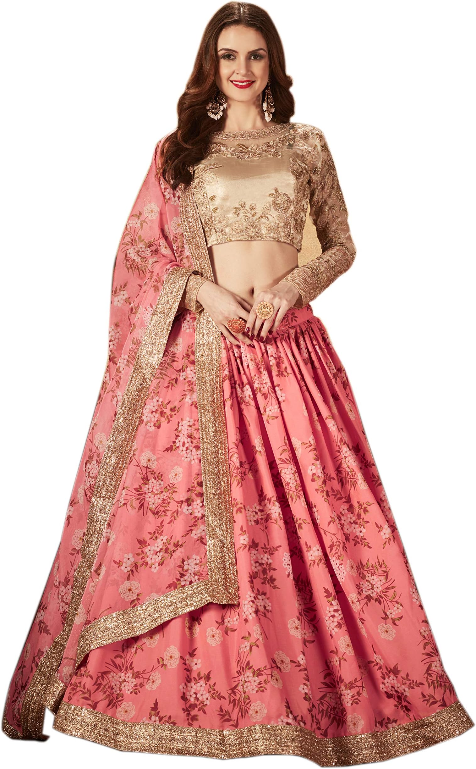 MEGHALYAWomen's Organza Semi Stitched floral Lehenga Choli (ZC 7604; Pink; Beige; free size)