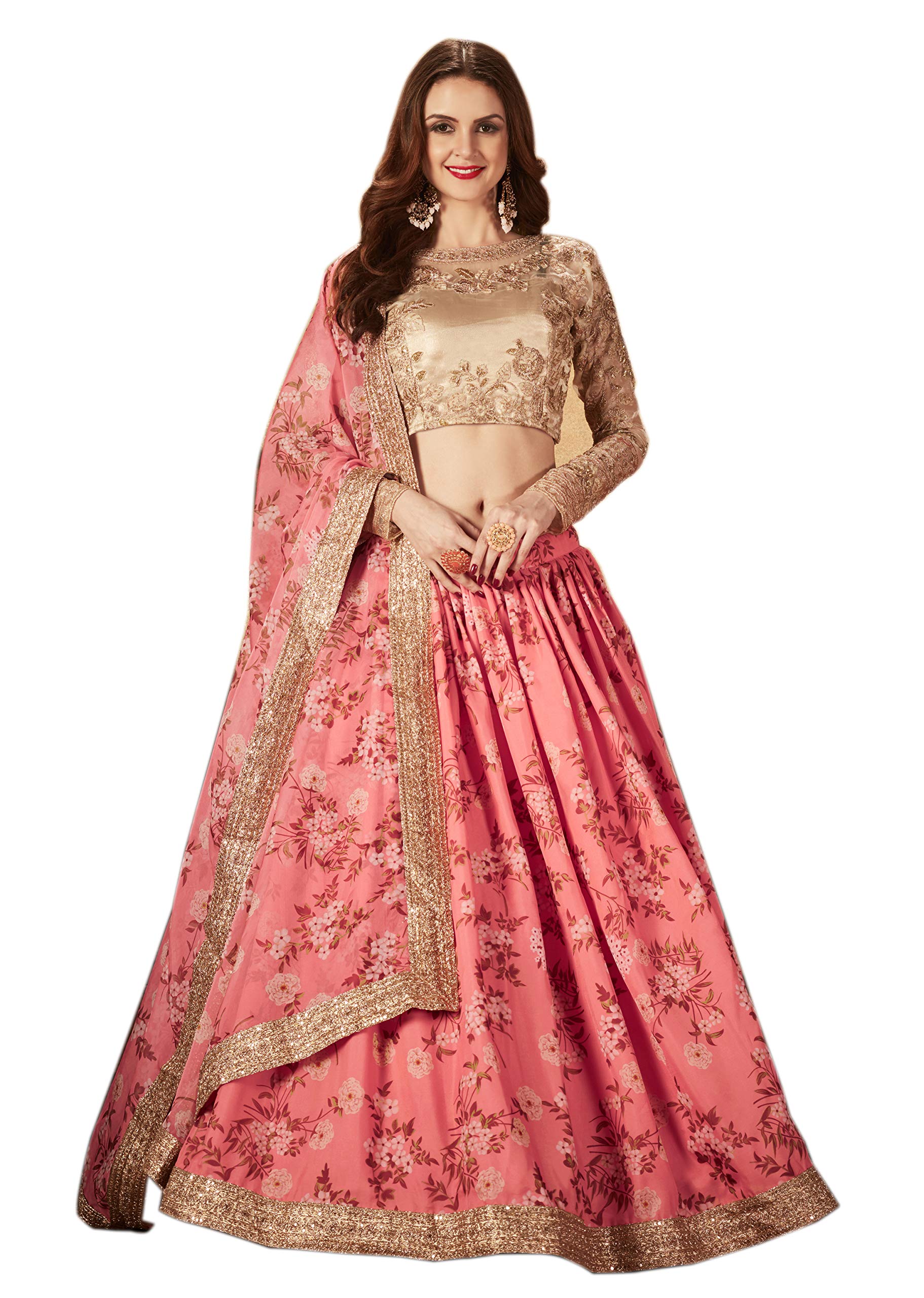 MEGHALYAWomen's Organza Semi Stitched floral Lehenga Choli (ZC 7604; Pink; Beige; free size)