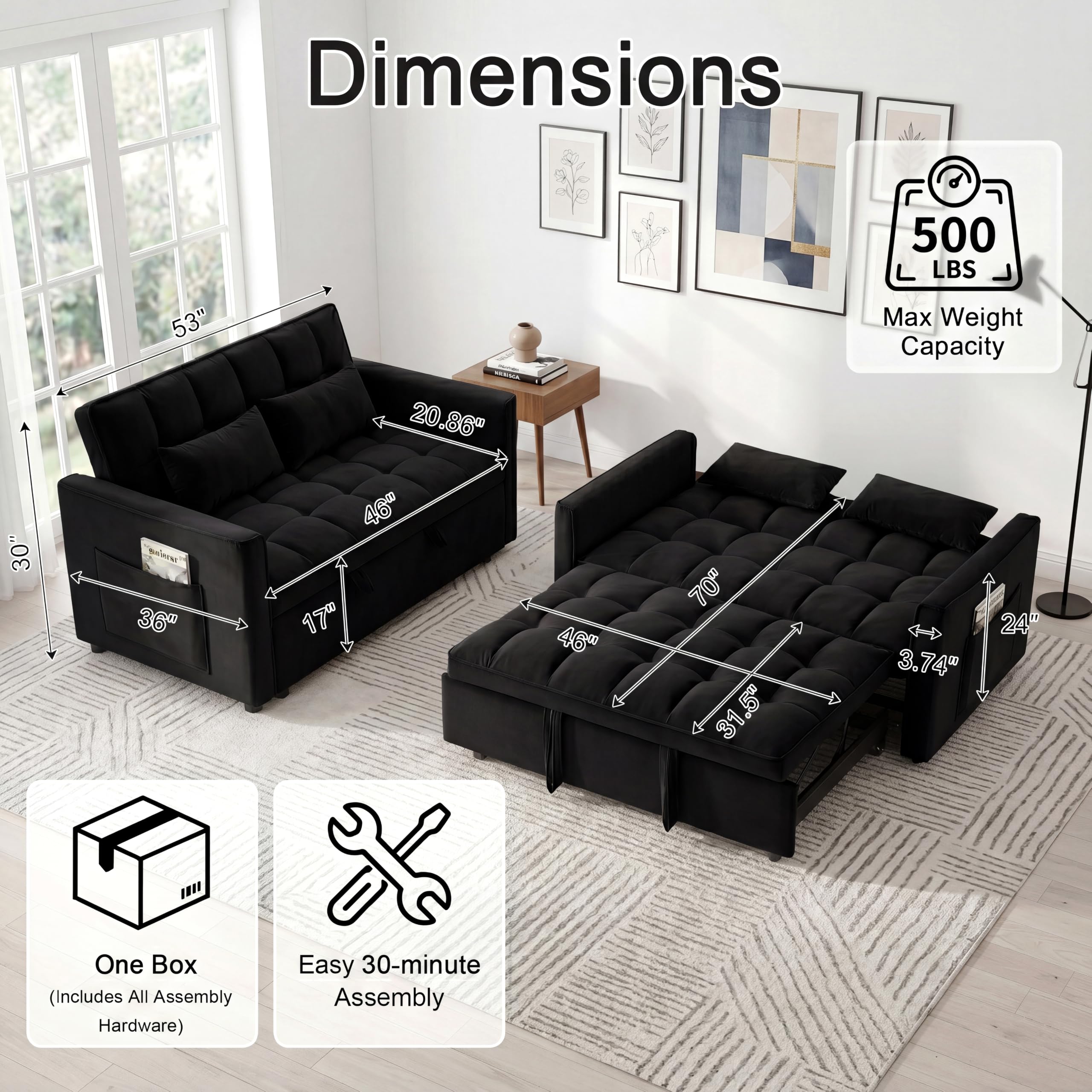 3 in 1 Convertible Sleeper Sofa Bed, 54'' Full Size Velvet Pull Out Futon Couch Recliner with Reclining Backrest & 2 Pillows, Small Loveseat Lounge Couches for Small Spaces (Black)
