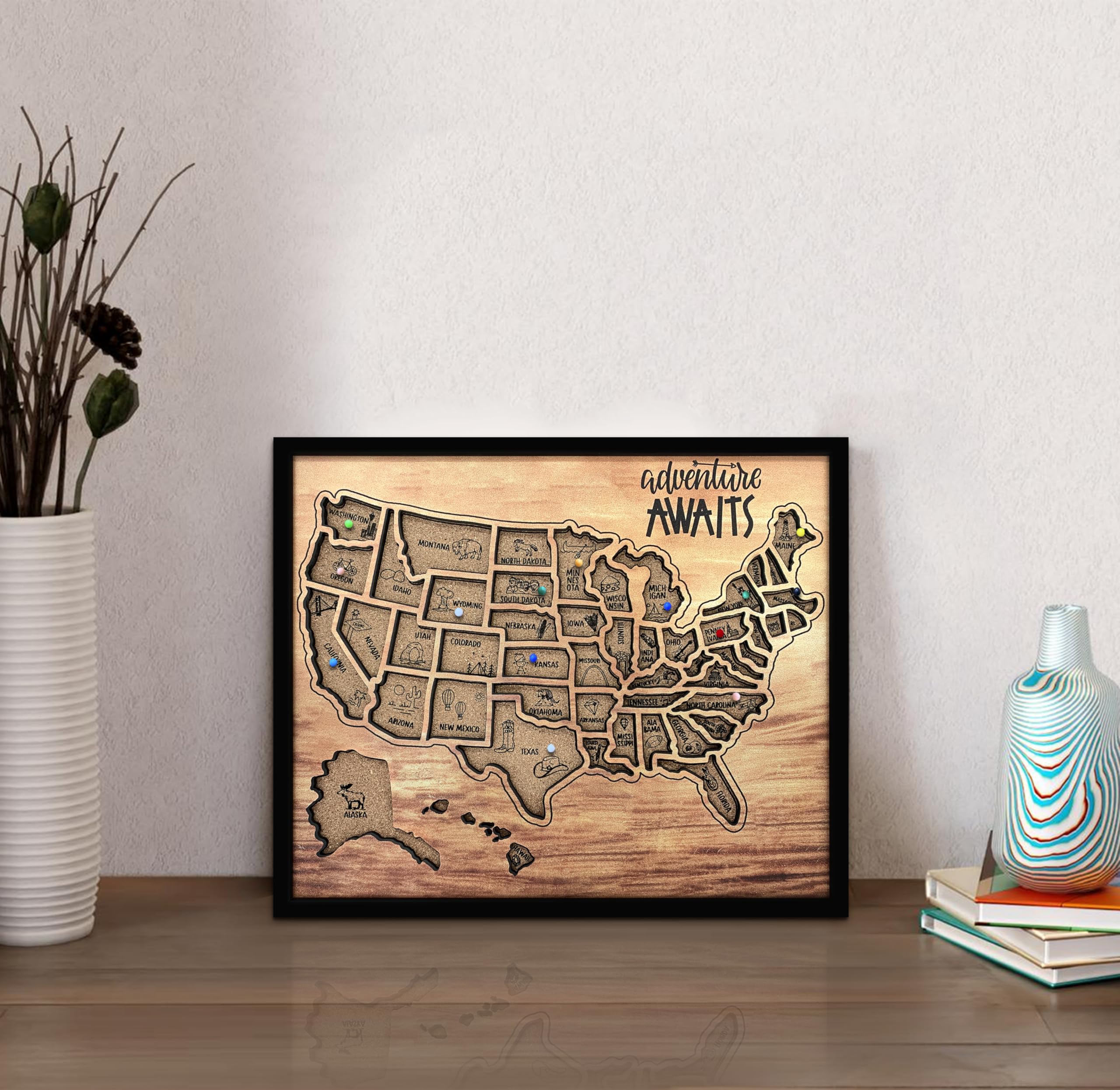 flinelife Mapa de viaje de corcho con alfileres, 12 x 10 pulgadas, tamaño mediano, mapa de Estados Unidos, perfecto para parejas y familiares