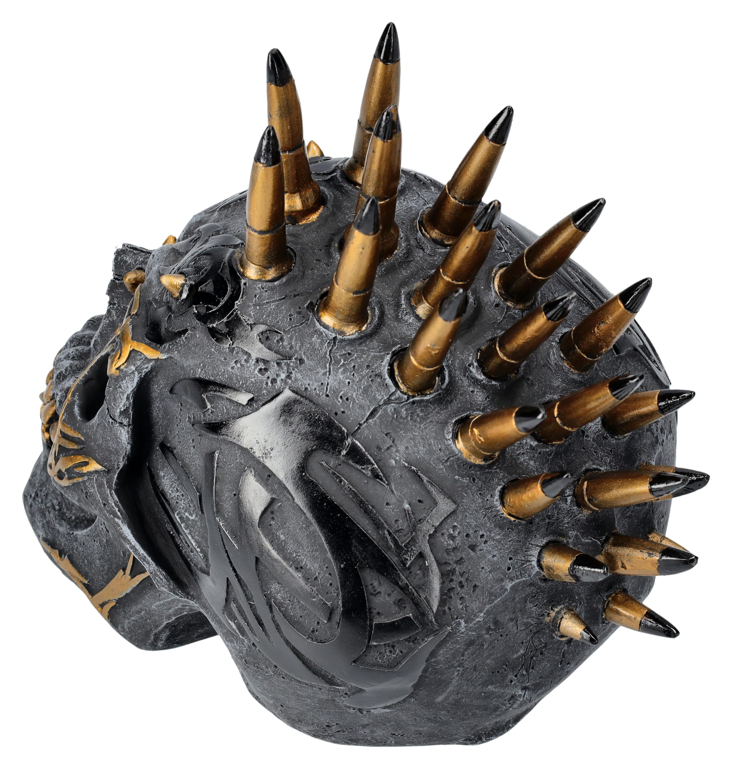 Figurita de calavera Iro, negro y oro de espiral, 16,5 cm – cráneo, calavera, tribales, iroquesis, peinado, bolas