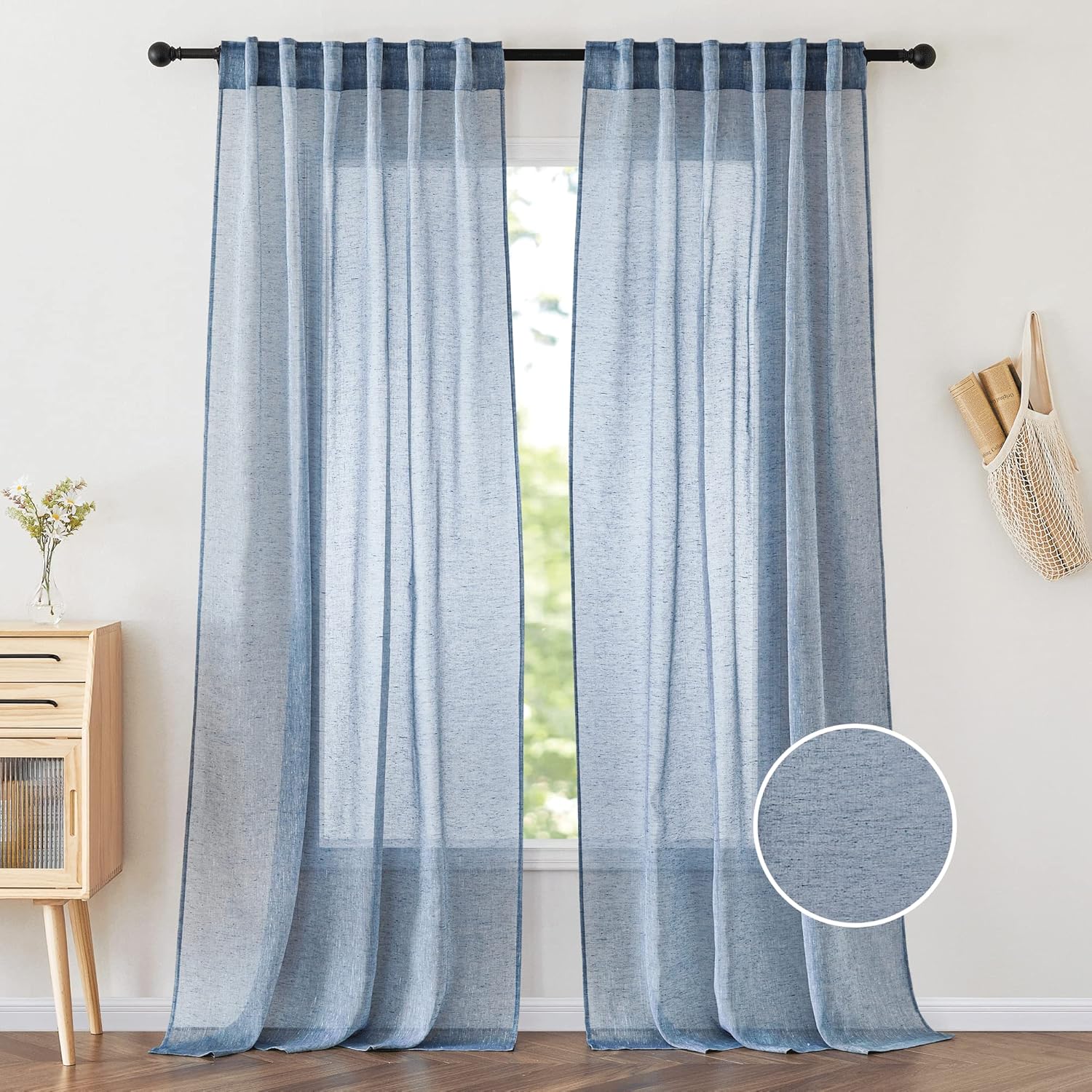 PONY DANCE Living Room Sheer Curtains - Rod Pocket & Back Tab Faux Linen Look Long Window Curtain Voile Semi Sheer Light Filter for Home Decor, 52 W x 108 L, Sea Mist, 2 Panels 52"W x 108"L Sea Mist