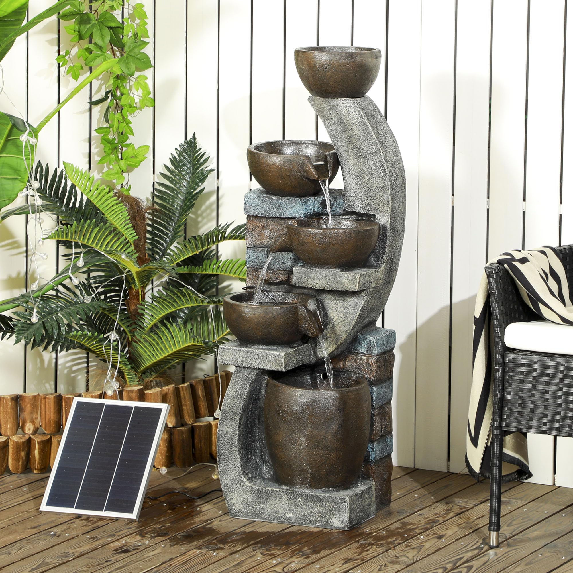 Outsunny Fontaine d'eau extérieure 5 Niveaux, Fontaine de Jardin avec lumières LED, Panneau Solaire 3,7 KW, Pompe, débit de 450L/h, en résine, Gris et Marron