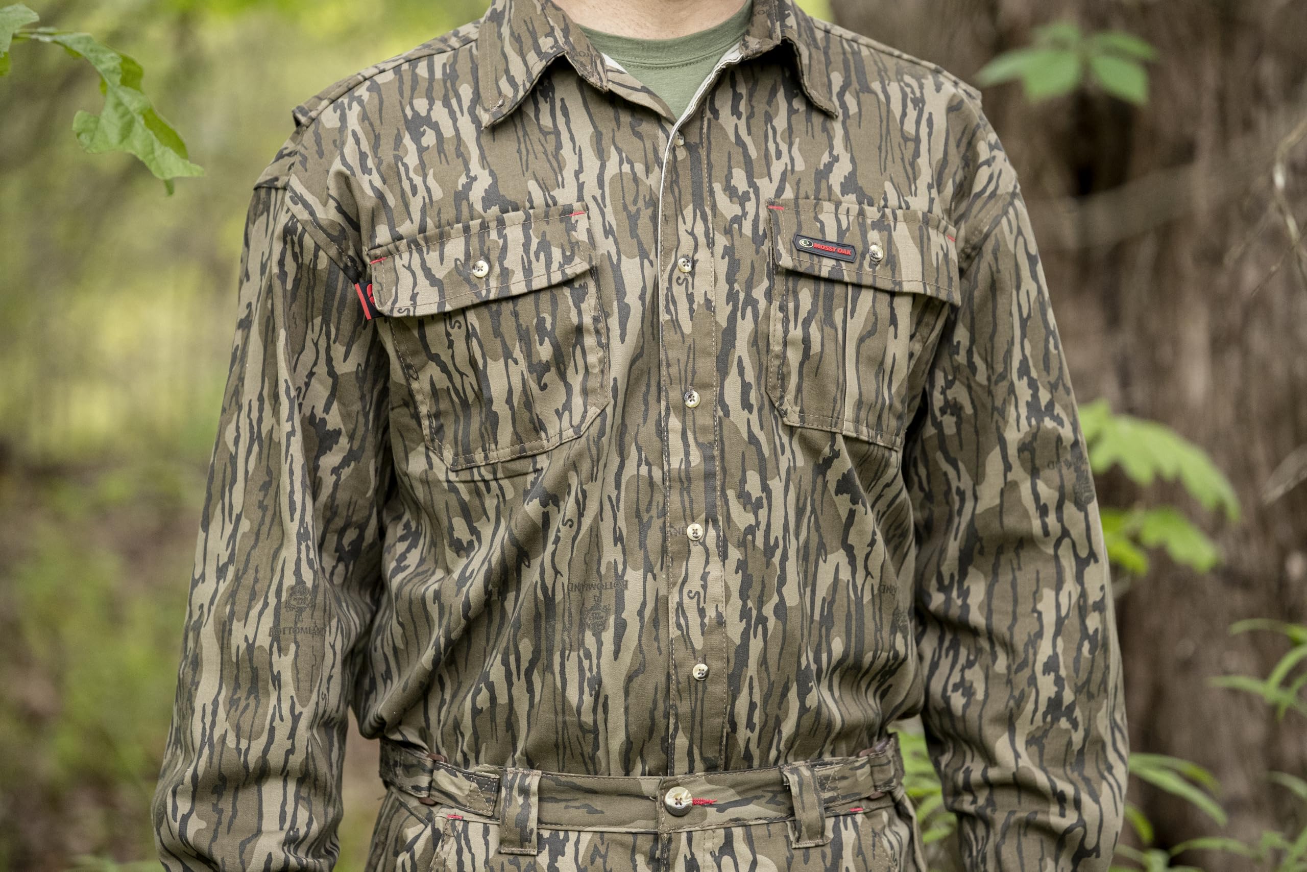 Mossy Oak Cotton Mill 2.0 koszulki myśliwskie z długim rękawem moro dla mężczyzn, Bottomland, L