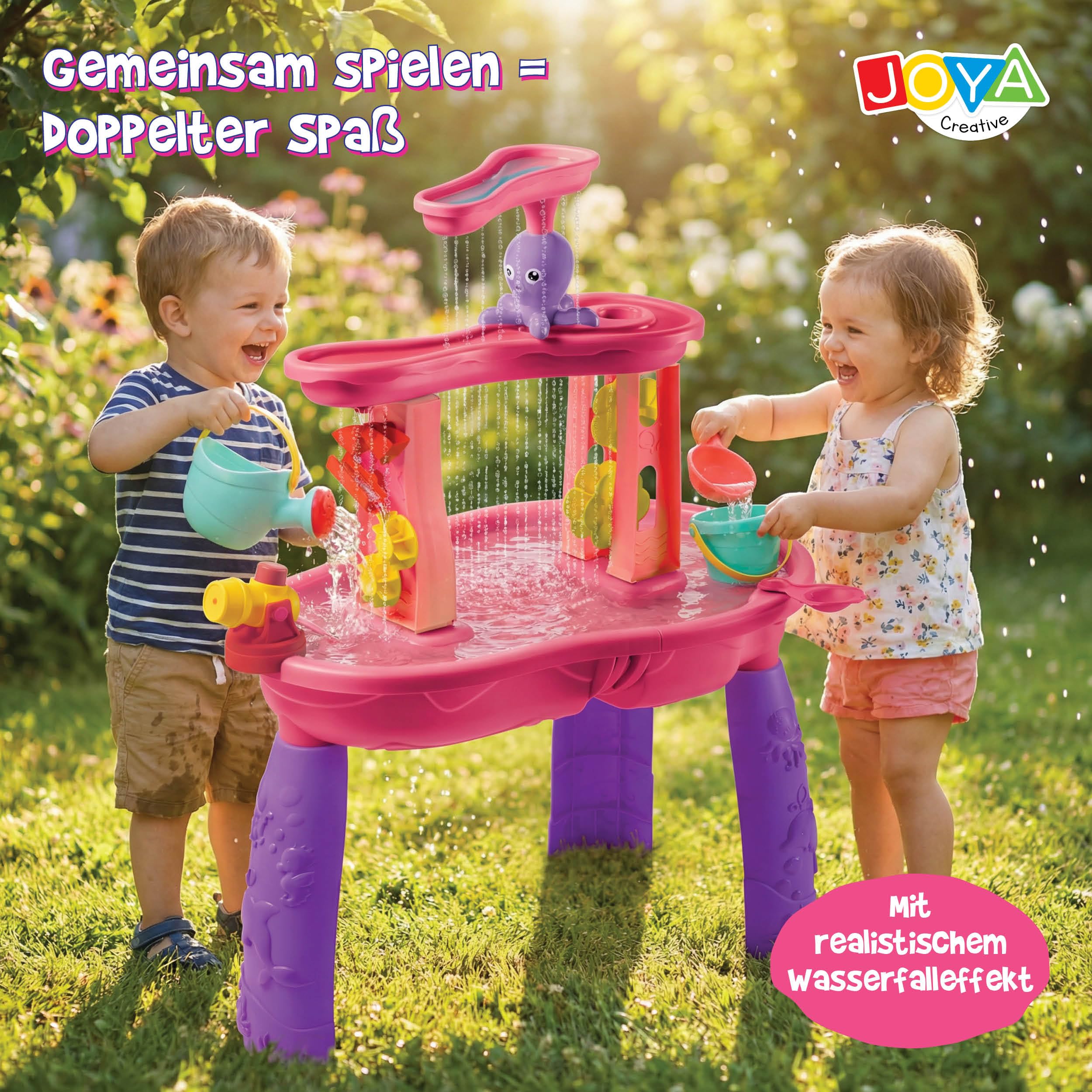 Tavolo d'acqua per bambine, tavolo da gioco ad acqua rosa, set di accessori da 34 pezzi, effetto cascata, dimensioni 59 x 38,5 x 73 cm, tavolo attività con acqua per esterni e giardino