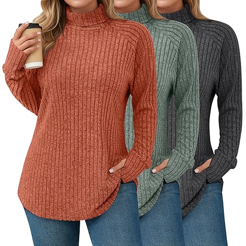 Ficerd 3 Pack Women's Plus Size Turtleneck Sweater Tunics, Long Sleeve Thumbhole Ribbed Tops Curved Hem Loose Pullover Shirts - Caramel, Green, Dark Gray - 3X-Large