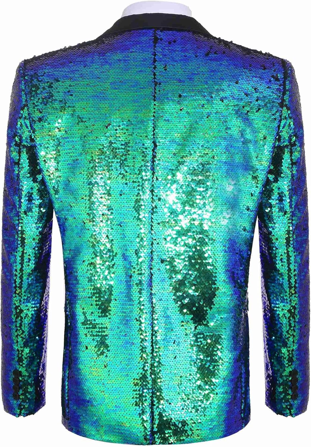 Men Peak Lapel Sequined Décor Patchwork Slim Fit One Button Party Wedding Blazer Blue