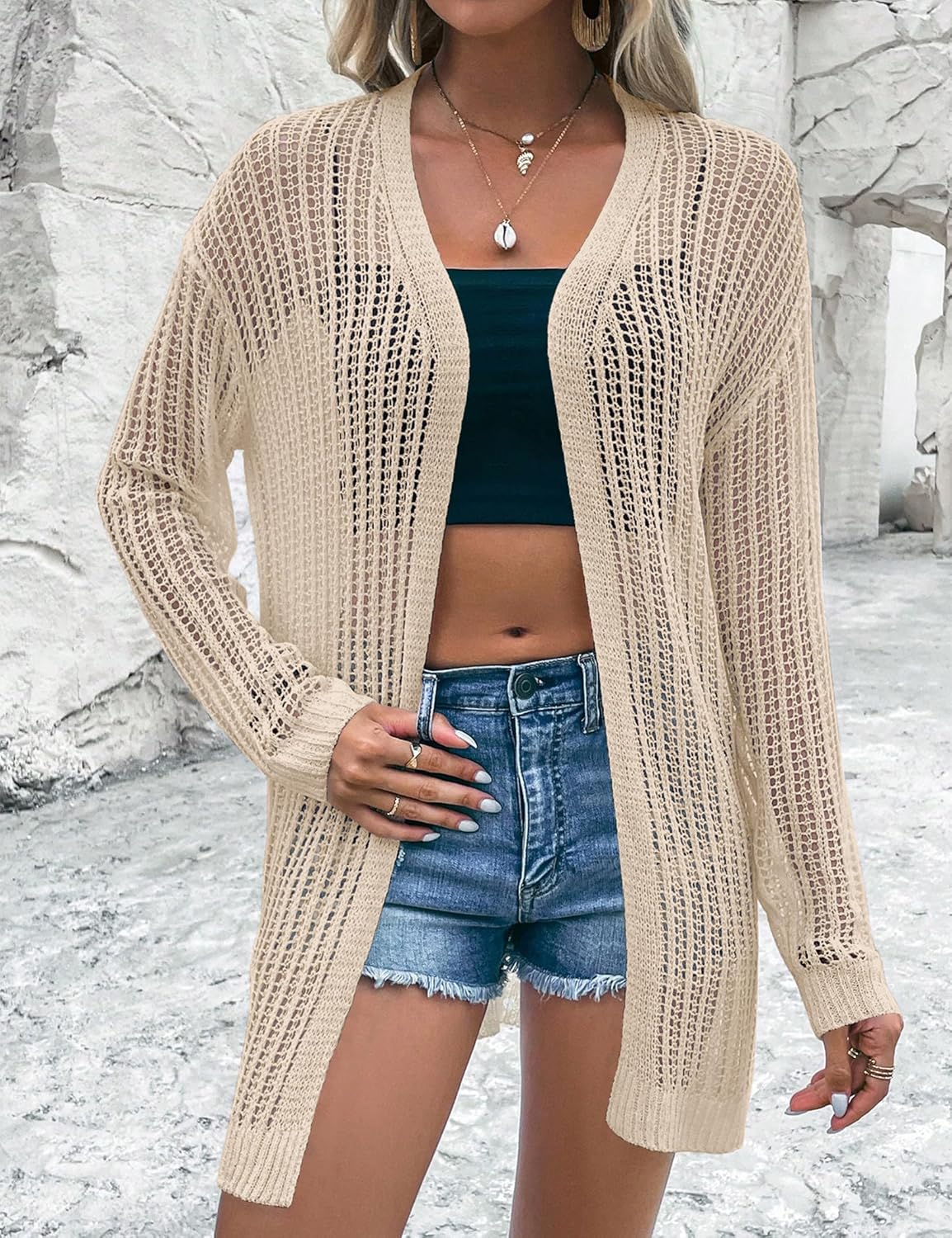 Womens 2025 Summer Lightweight Cardigan Long Sleeve Open Front Loose Beach Crochet Cover Up - Image 5