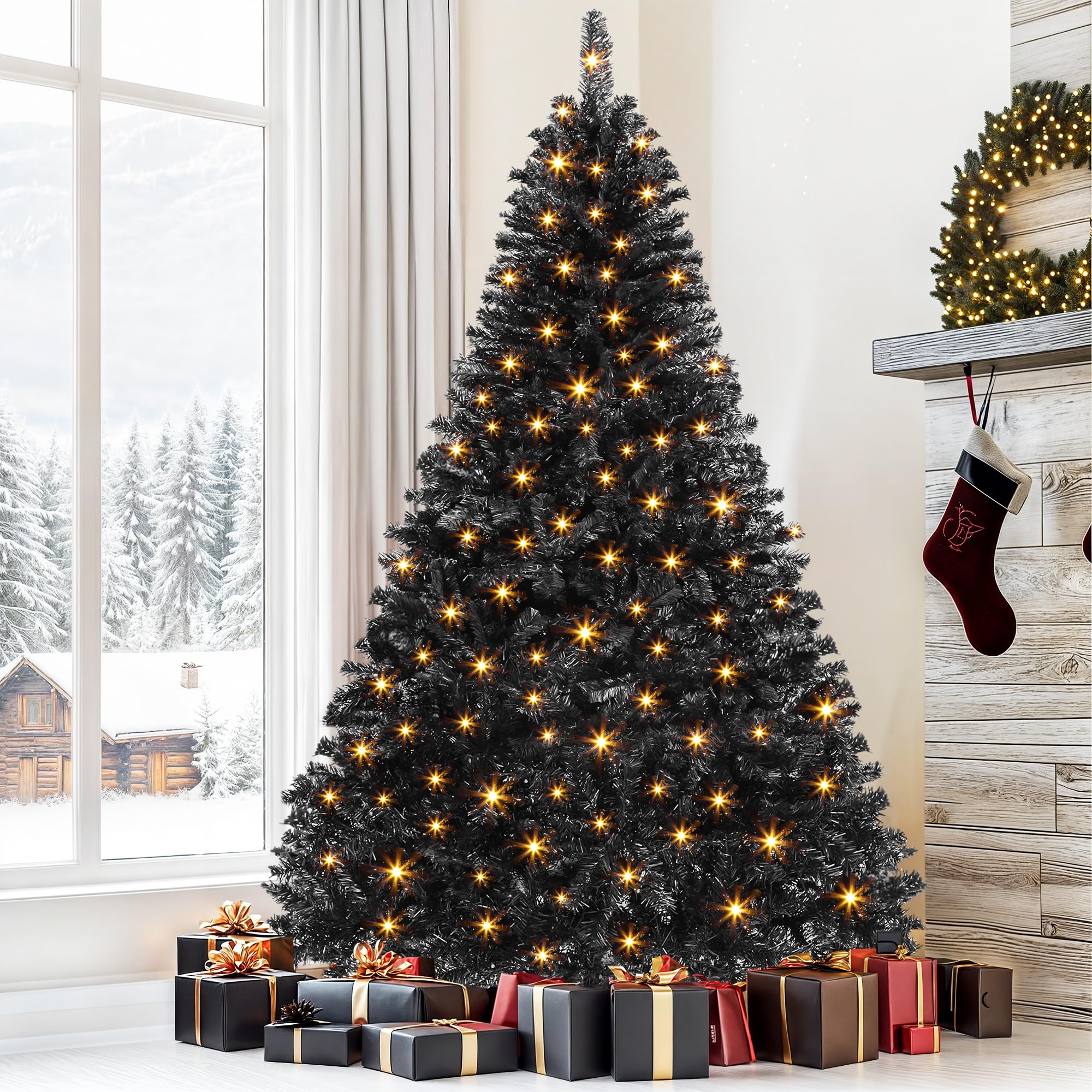 DWVO 6ft Pre-lit Black Christmas Tree with Lights, Prelit Halloween ChristmasTtrees for Home, Office, Party with 818 Tips & 250 UL Listed Lights, Automatic Branches & Easy Assembly