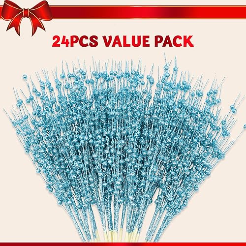 Vista 2 de Joiedomi 24 adornos artificiales de tallo de bayas de Navidad, palitos decorativos de cuentas, ramitas brillantes, para decoración de árbol de Azul
