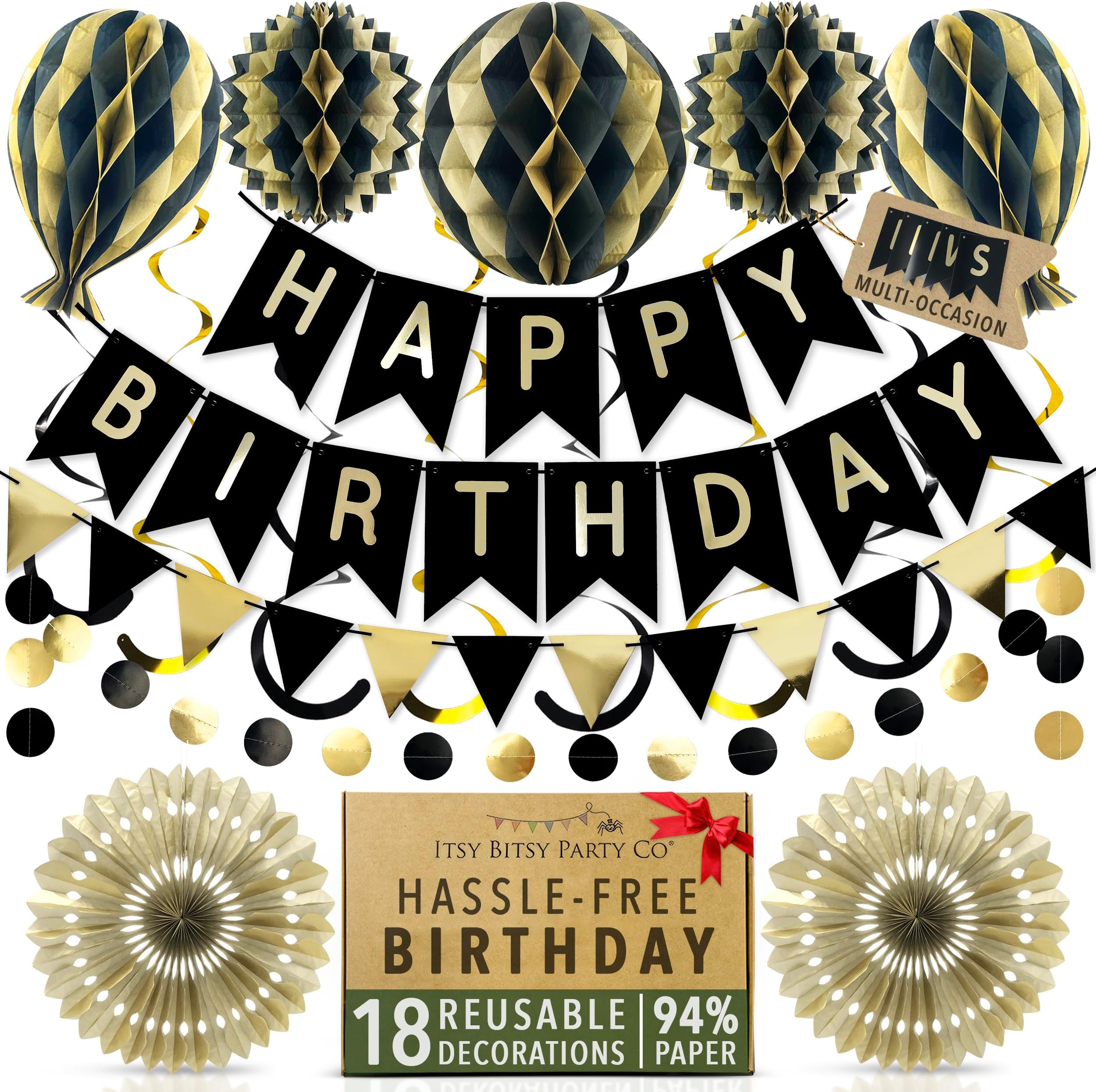 Premium Reusable Birthday Decorations - Multi-occasion Happy Birthday Banner also spells Party Day + more, Fast Assembly with Velcro - Black and Gold Party Decorations for Men and Women