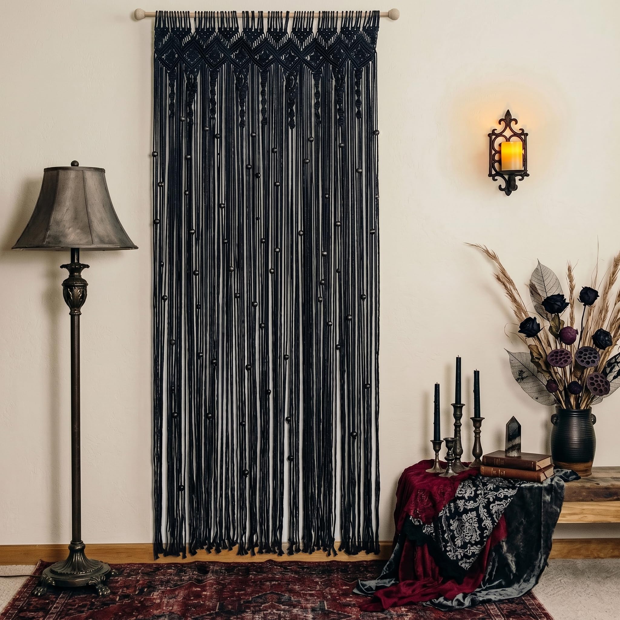Lino Rosa Perlen-Türvorhang für Tür, Gothic-Hexe, schwarzer Makramee-Perlenvorhang für Schrank, Schlafzimmer, Wandbehang, Wandteppich, Grunge-Raumdekoration