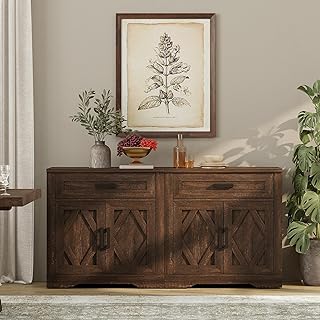 WAMPAT 2 Pieces Modern Farmhouse Large Sideboard Cabinet,Wood Barn Door Buffet Cabinet Table with Storage and Drawers for Kitchen,Dining Room,Coffee Bar,63" W x 15.4" D x 32" H,Dark Brown