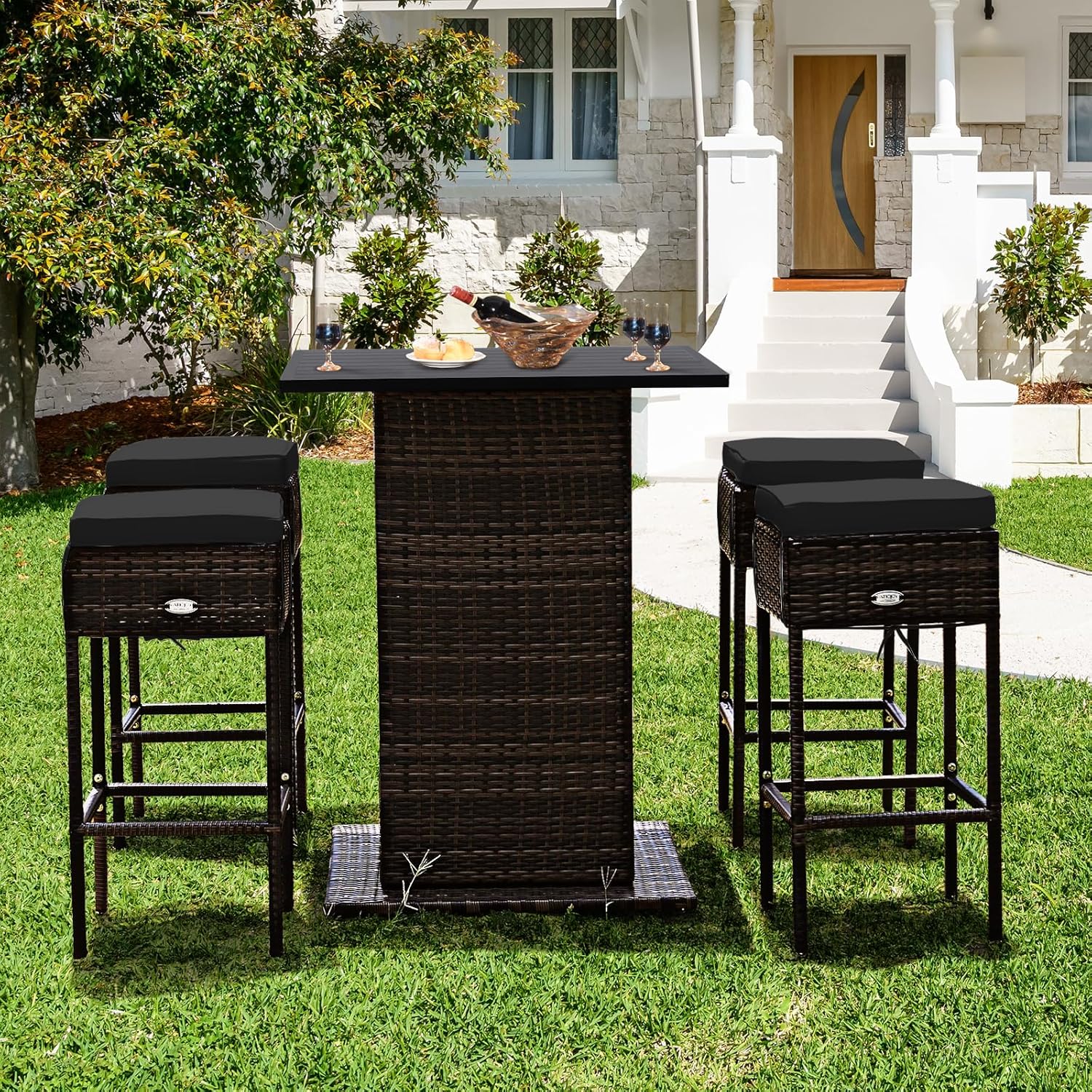 Nightcore 5 Piece Outdoor Bar Set, Wicker Rattan Patio Bar Set w/4 Bar Height Stools, High Top Table with Hidden Storage, Bar Table and Chairs Set with Seat Cushions for Backyard Poolside, Black