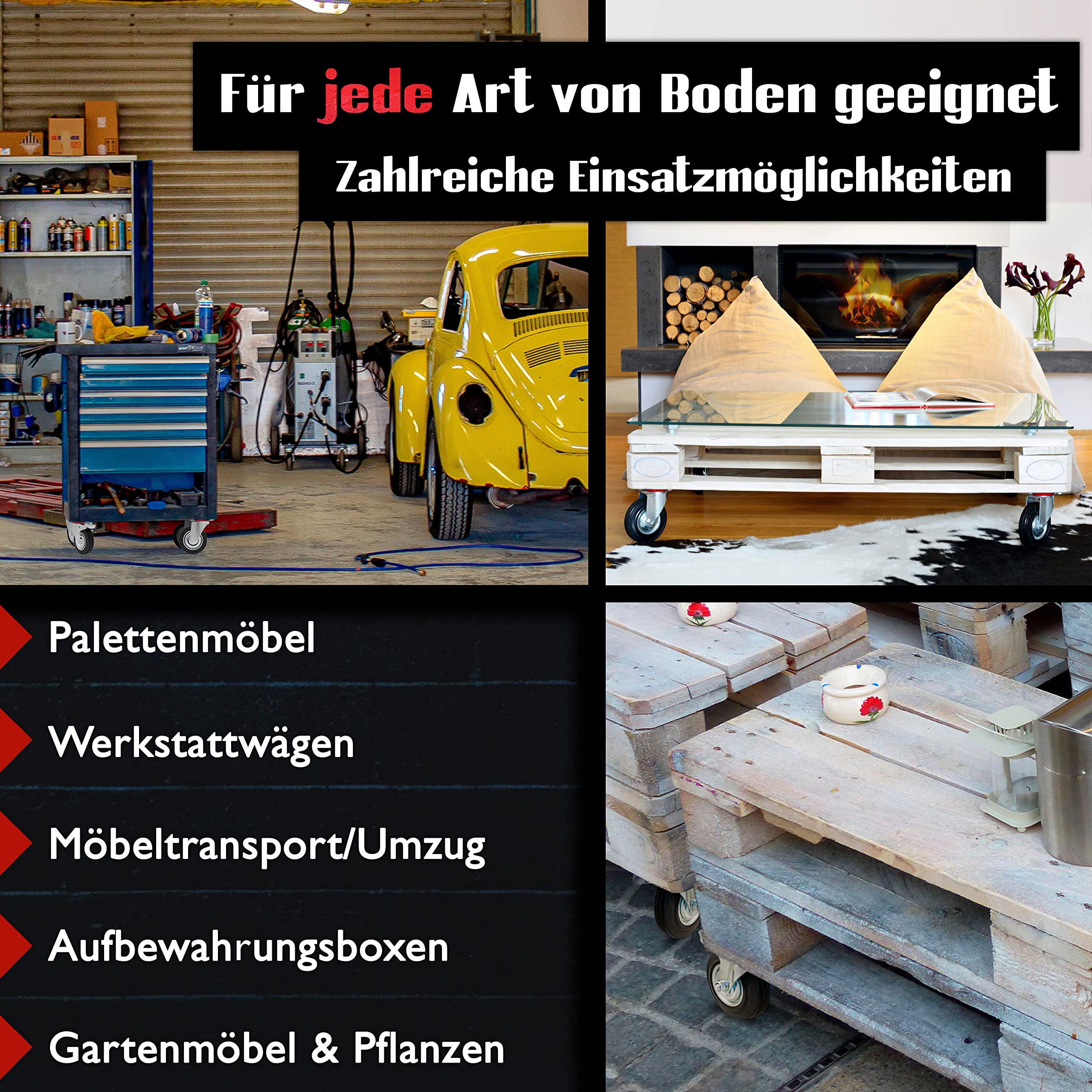 Lot De 4 Roulettes Industrielles 100 Mm - Charge 70 Kg/roue, 2 Avec Frein | Pour Meubles, Chariots, Déménagement