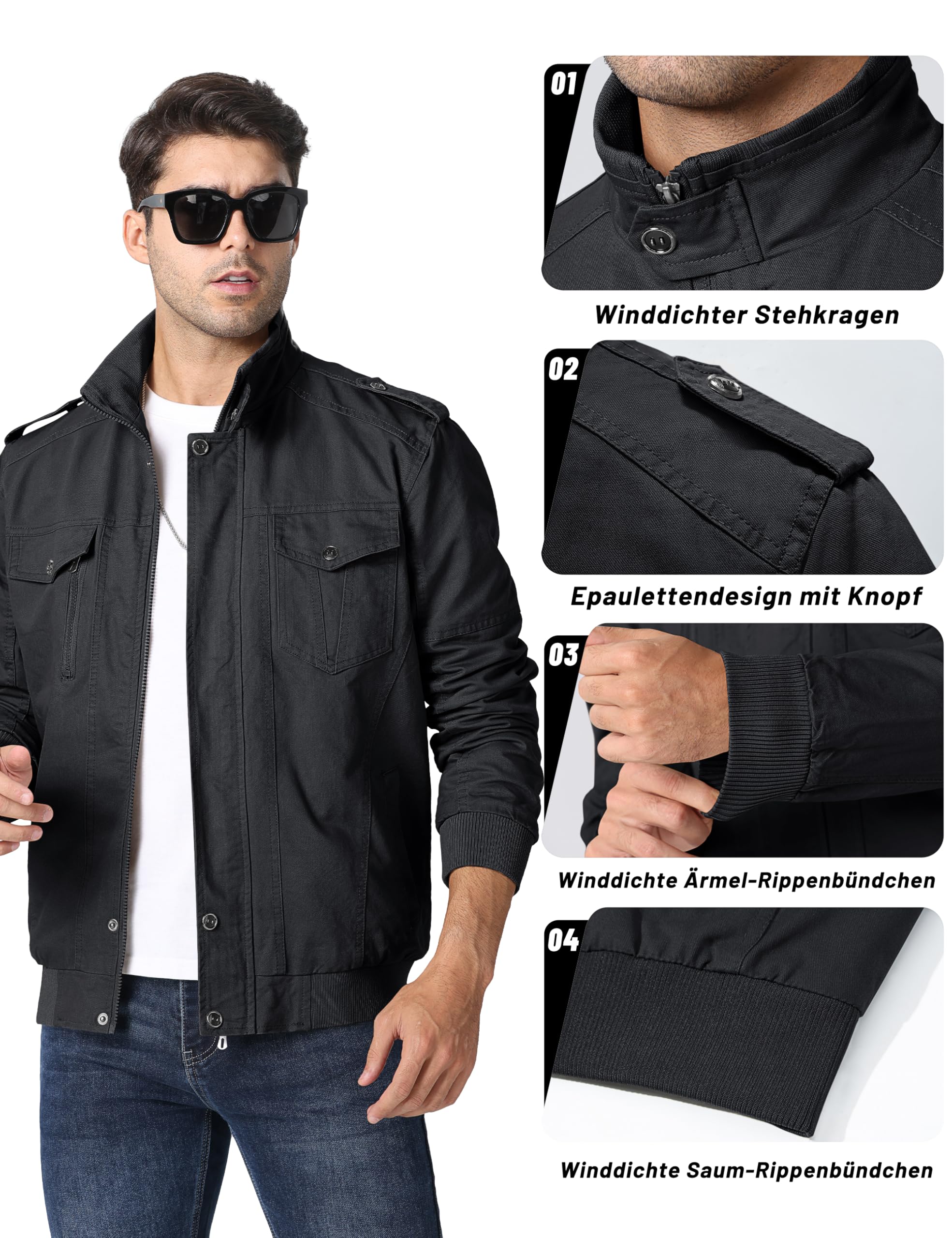 MAGCOMSEN Übergangsjacke Herren Jacke Übergang Jacket Cargo Herbstjacke | Leicht für Frühling Herbst,Stehkragen mit Taschen,Baumwollmix für Alltag,Blouson für Outdoor