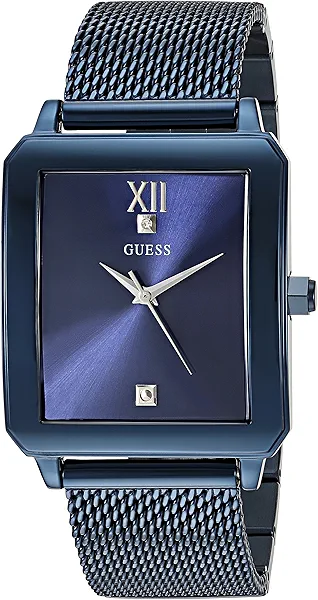 GUESS Rectangular Stainless Steel Blue Ionic Plated Mesh Bracelet Watch Genuine Diamond Dial. Color: Iconic Blue (Model: U1074G2)