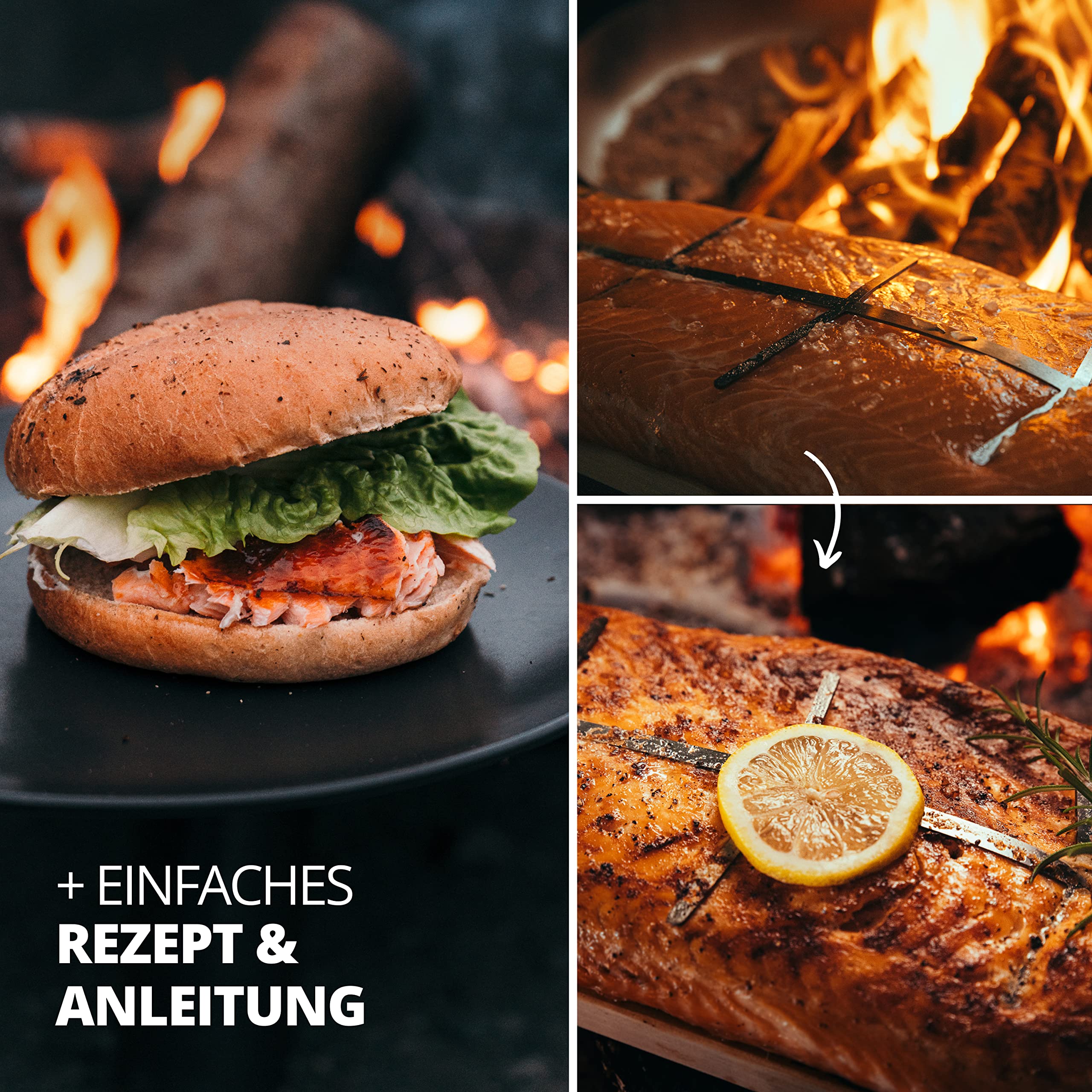 FINNWERK Flammlachsbrett - Flammlachsbretter mit Halterung aus Edelstahl - Perfekte Lachsbretter zum Grillen aus massiver Birke - Auch Ideal als Räucherbrett - Winkelsystem zur optimalen Einstellung