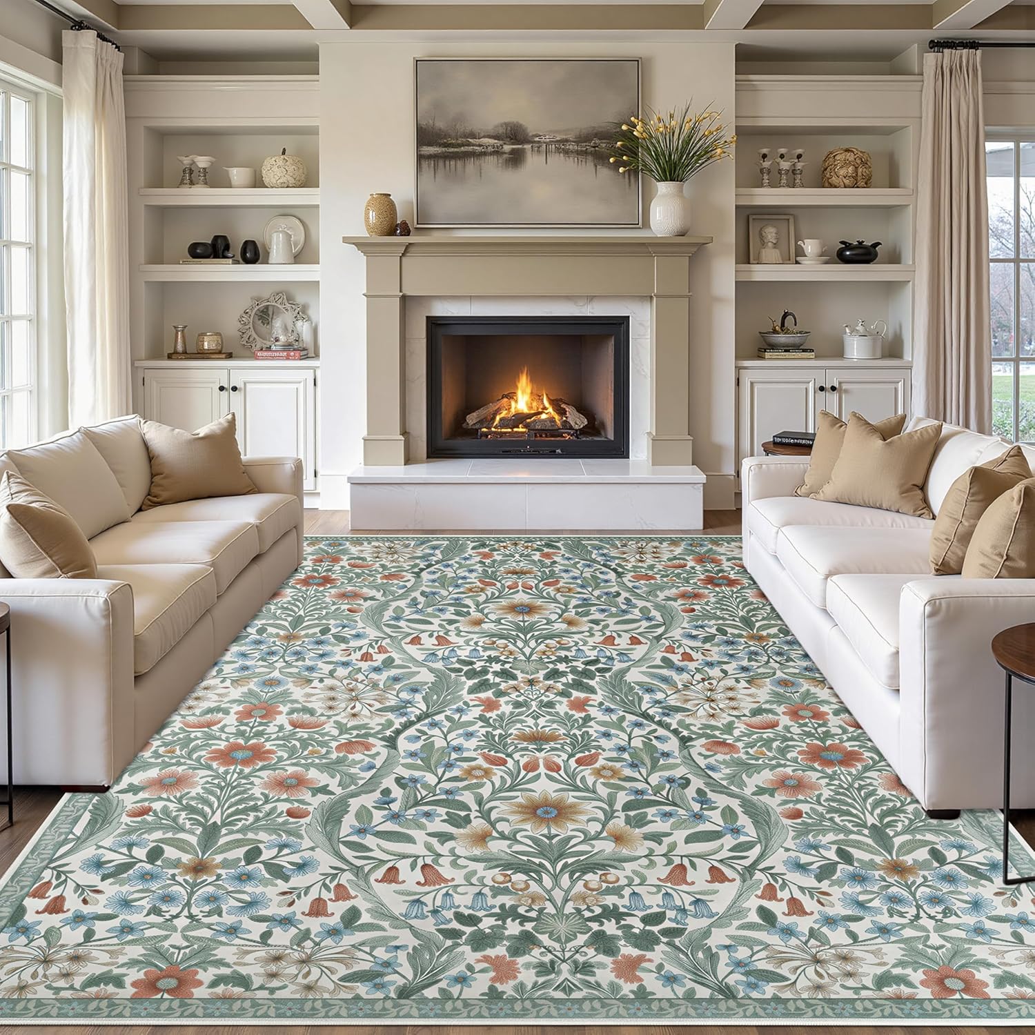 8x10 Green Washable Area Rug for Living Room, Large Non-Slip Boho Floral Carpet, Botanical Stain Resistant Floor Rug for Bedroom, Dining Room Under Table, Foldable Farmhouse Home Office Decor