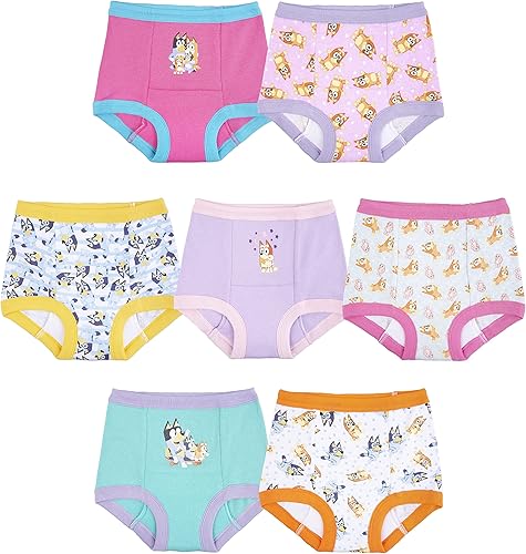 Bluey Pantalones de entrenamiento para ir al baño, ropa interior acolchada 100% algodón, paquete de 7, tallas 18 M, 2T, 3T y 4T