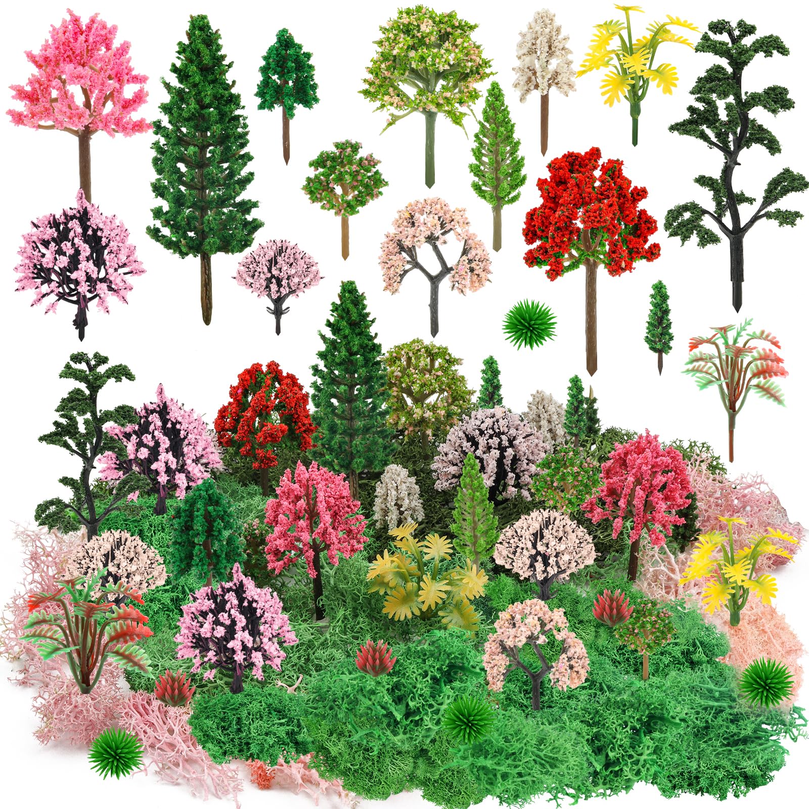 QUOZUO 36 Pcs Mixed Model Trees with 40g Moss Pink and Green, Diorama Plants Grass Mini Fake Miniature Trees Moss for Building Model Train Scenery, Natural Green Landscape, Railroad Scenery