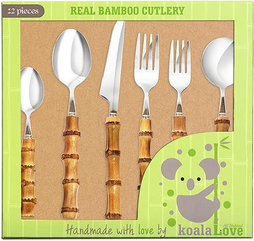 Miniatura 6 de KoalaLove - Juego de cubiertos de bambú natural, hechos a mano, hechos a mano con amor (2 juegos, 12 cubiertos, plateado)
