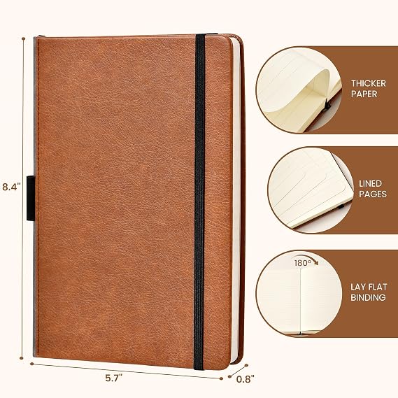 A5 Notebook - Classic Notebook A5 with Faux Leather Cover, Lined, Thick Journal Notebook with 192 Pages, Brown, 8.4 x 5.7 inch, Pen Holder, Bookmark, Back Pocket, Banded