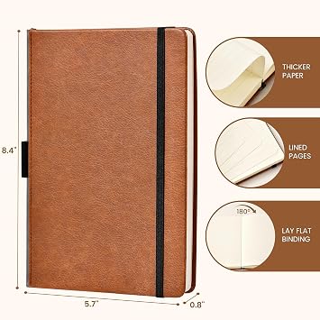 A5 Notebook - Classic Notebook A5 with Faux Leather Cover, Lined, Thick Journal Notebook with 192 Pages, Brown, 8.4 x 5.7 inch, Pen Holder, Bookmark, Back Pocket, Banded