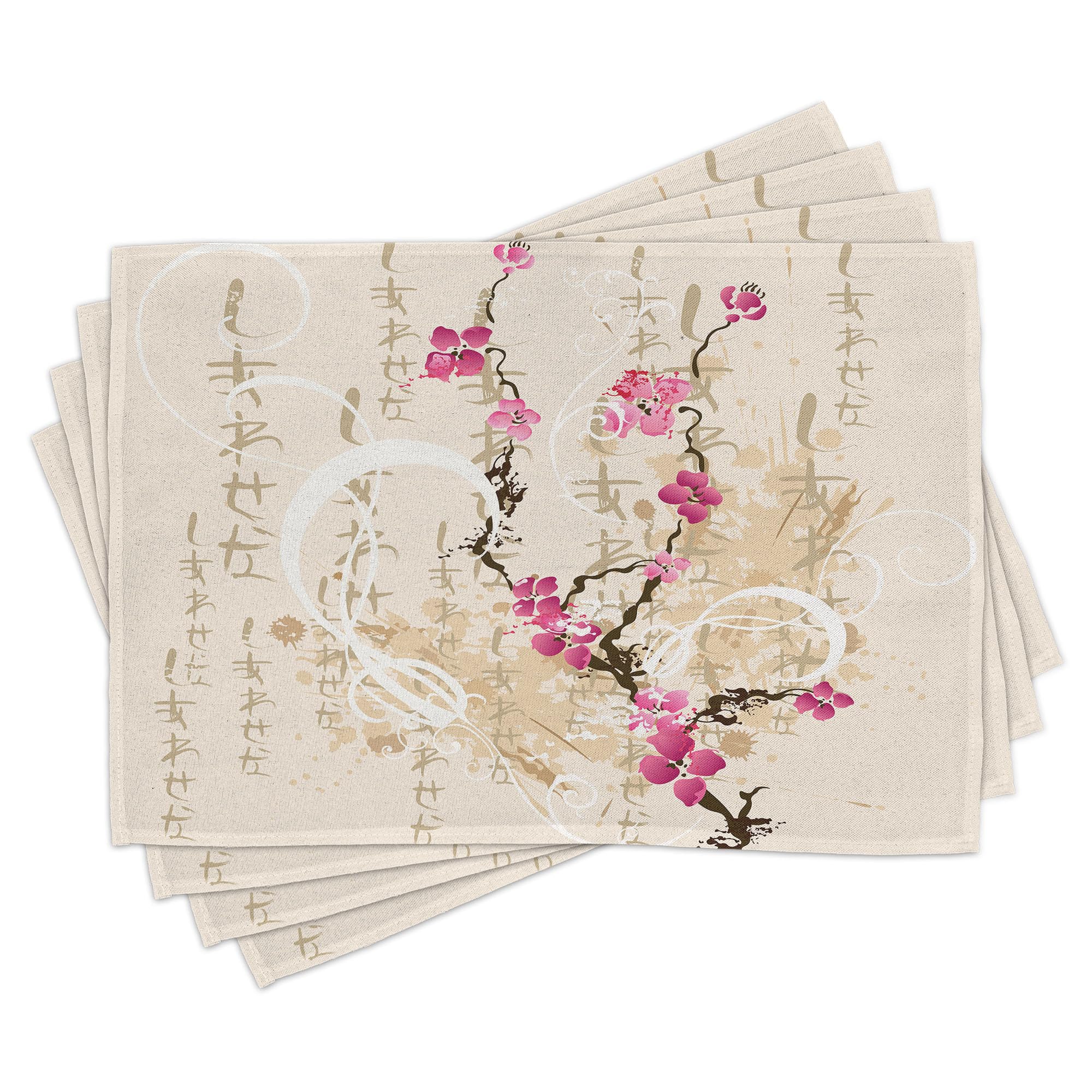 ABAKUHAUS Cherry Blossom Placemats 8 Pack, Painting Style Japanese Cherry Blossom Tree on Grungy Background with Inscription