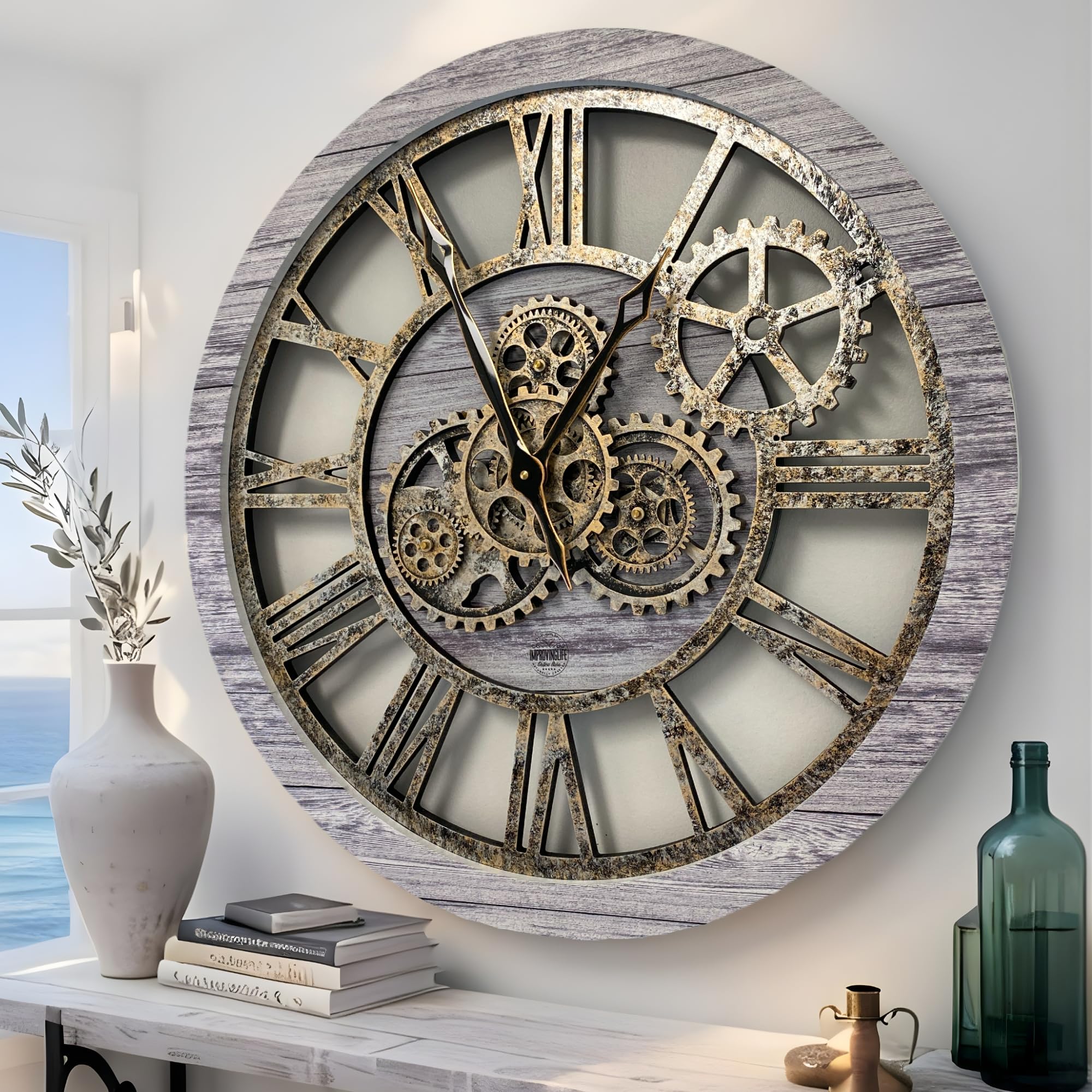 ImprovingLife The Original Real Moving Gear Wall Clock Vintage Industrial Oversized Rustic Farmhouse (24 inch (60cm),Silver Grey)