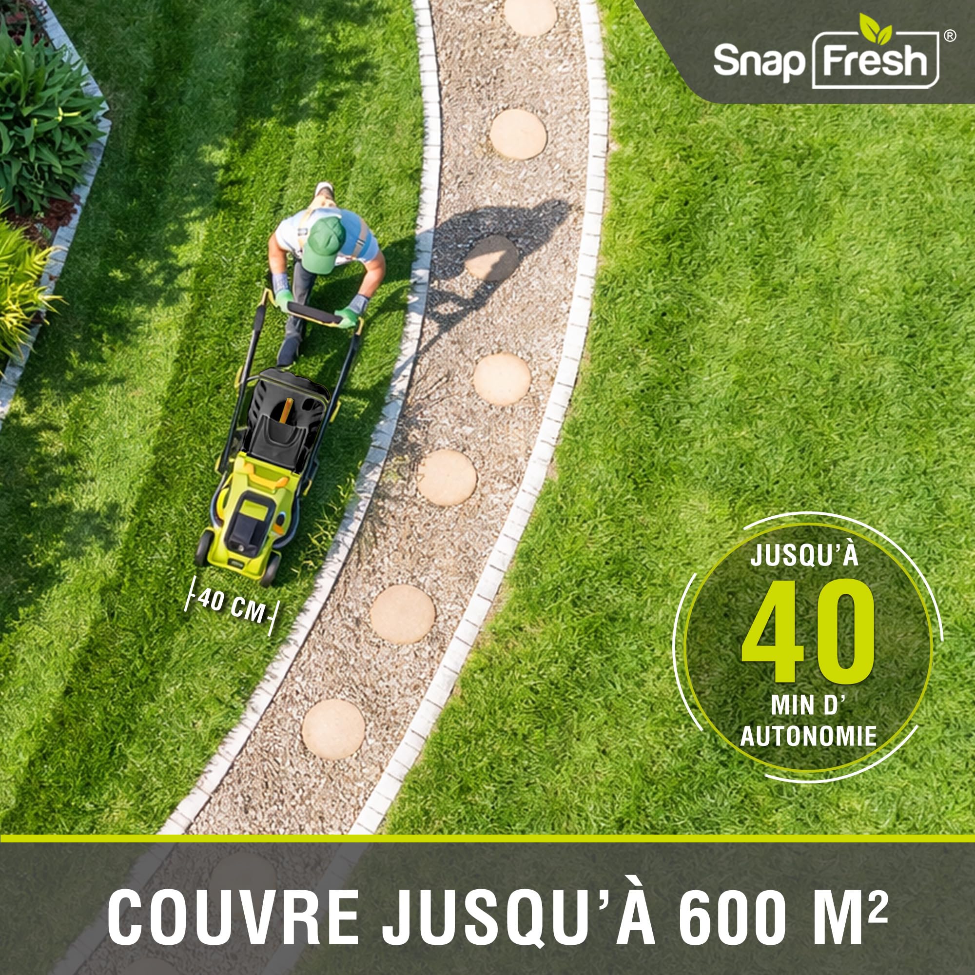 SnapFresh Tondeuse à Gazon sans Fil 40V, Largeur de Coupe 40 cm, Bac 42 L, Deux Batteries 4,0 Ah, Moteur sans balais