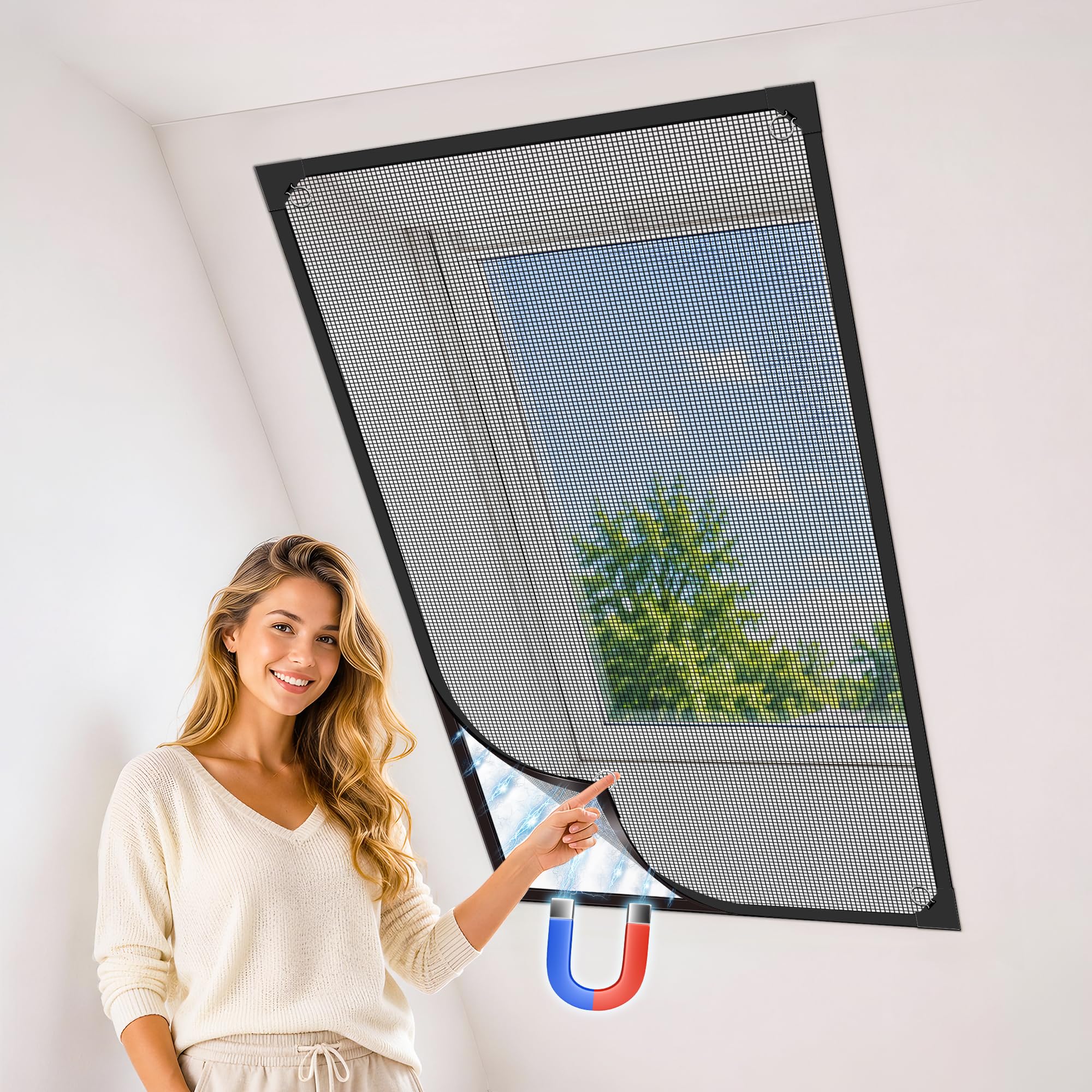 MLEJU Fliegengitter Magnet Fenster, 120x130 cm Individuell zuschneidbar | Verstärktes Glasfasergewebe, Einfache Montage ohne Bohren, Magnetrahmen,Insektenschutz fenster magnetisch - Schwarzes Netz