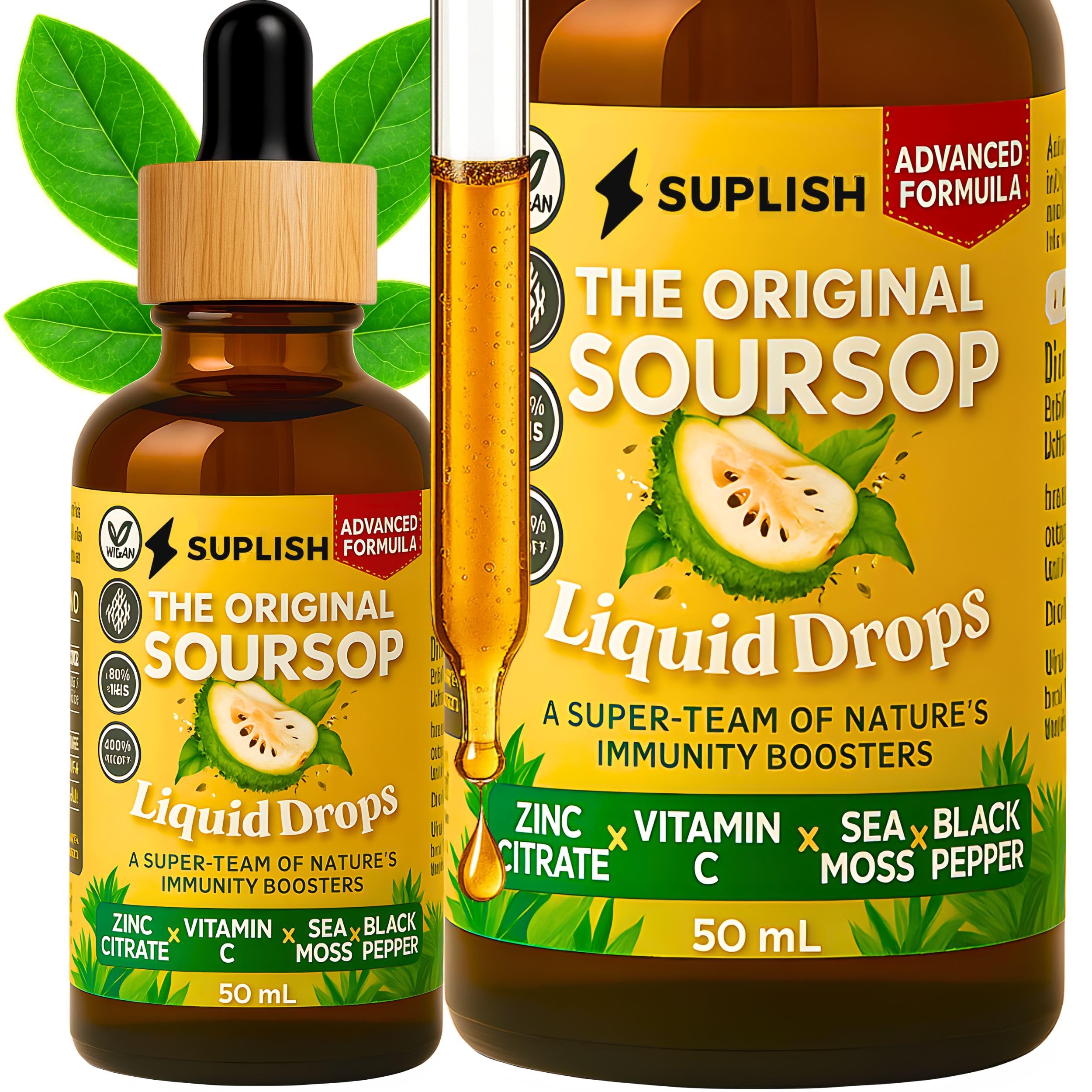 Soursop Leaves Graviola Liquid Drops Hanuman Phal Laxman for Cell Support & Regeneration, Immune System and Gut Health Support, Soursop Bitters Liquid | Natural Tangy & Sour Flavor - 50 ml by SUPLISH