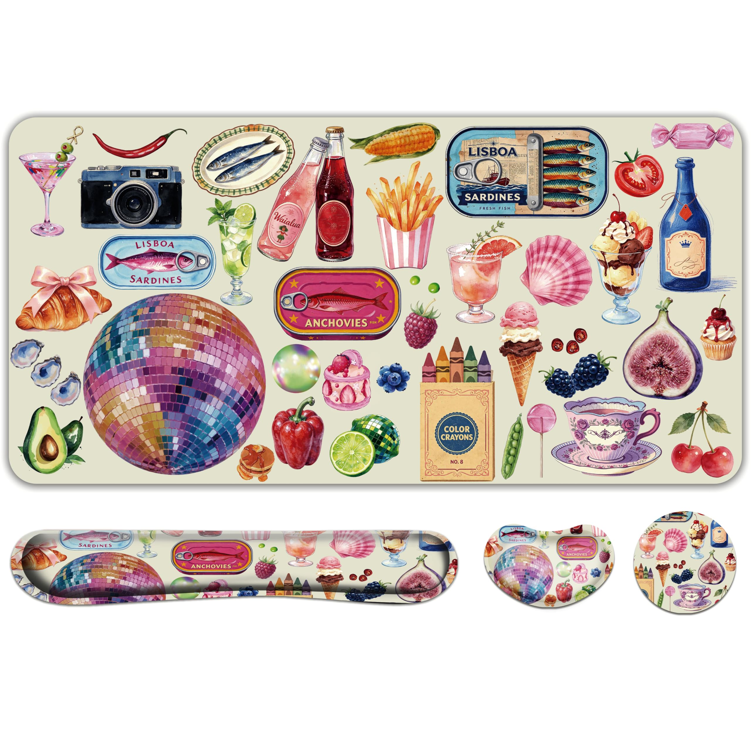 DOODLREAM 4-in-1 Retro Disco Snack Collage Wrist Support Desk Pad Set โ image 1
