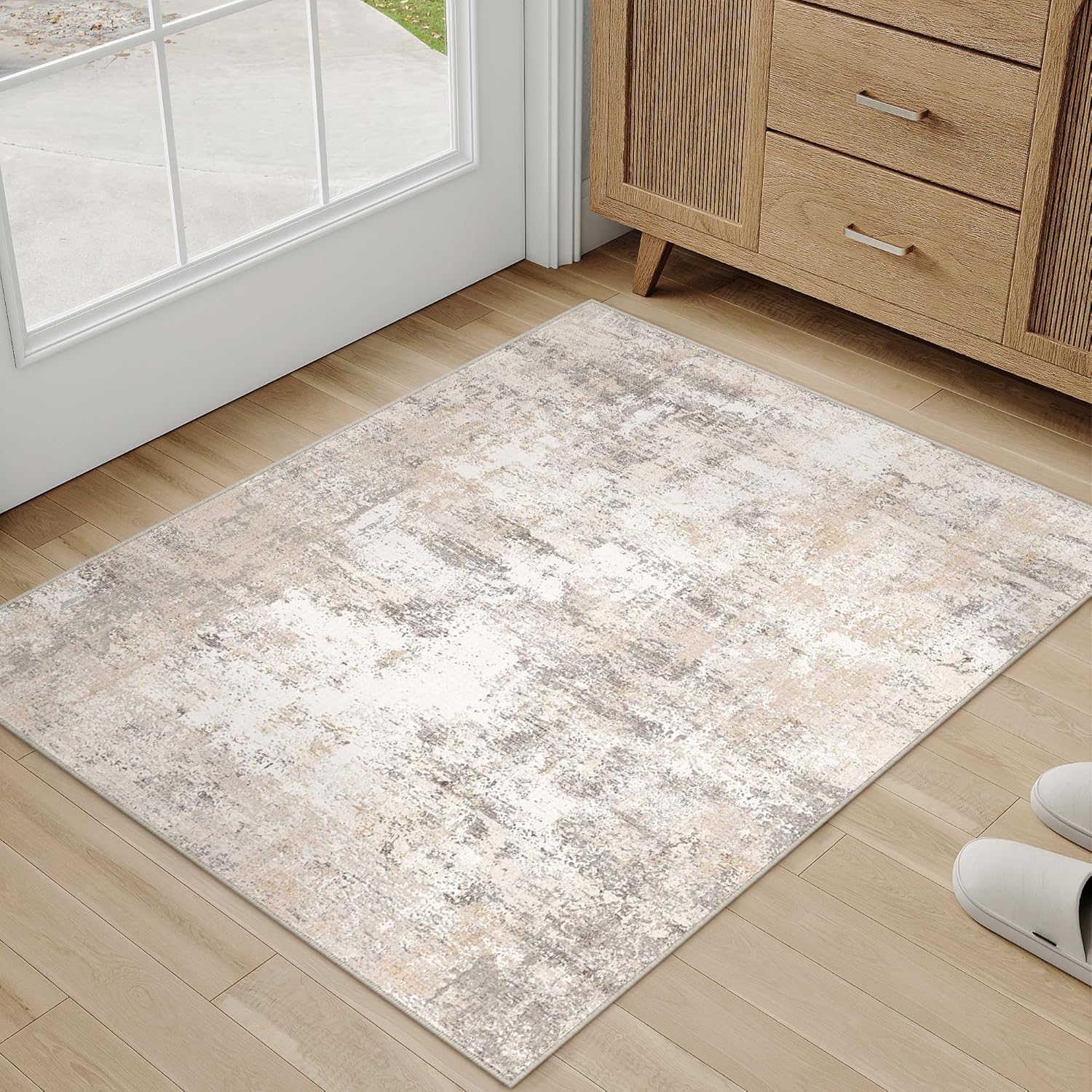 2x3 Washable Area Rug Beige Grey Abstract Entryway Kitchen Throw Rug Neutral Modern Non Slip Soft Low Pile Small Carpet for Bathroom Living Room Bedroom - Image 5