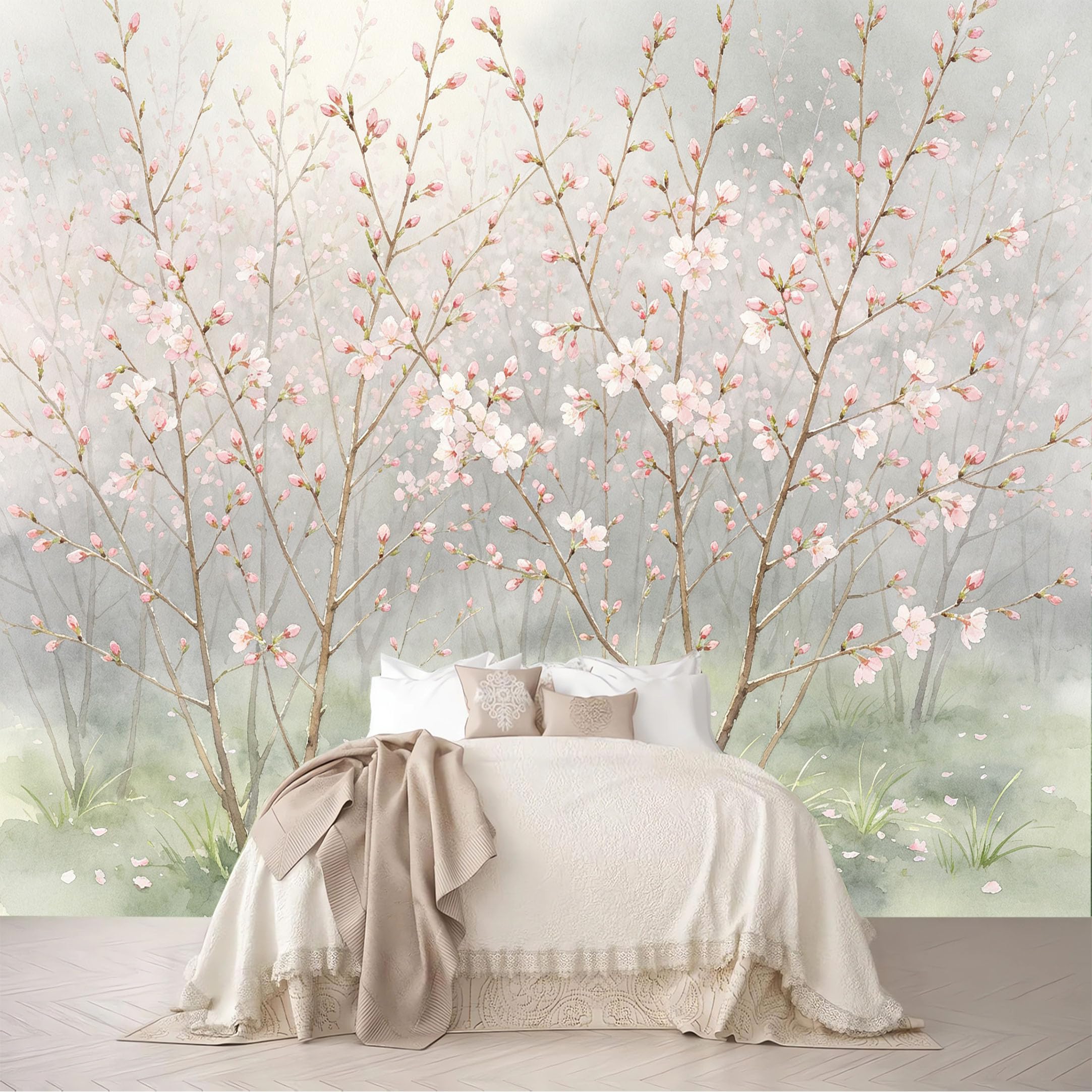 Custom Size Wall Murals Misty Watercolor Cherry Blossom Branches Removable Self-Adhesive for Bedroom Living Room Dining Room