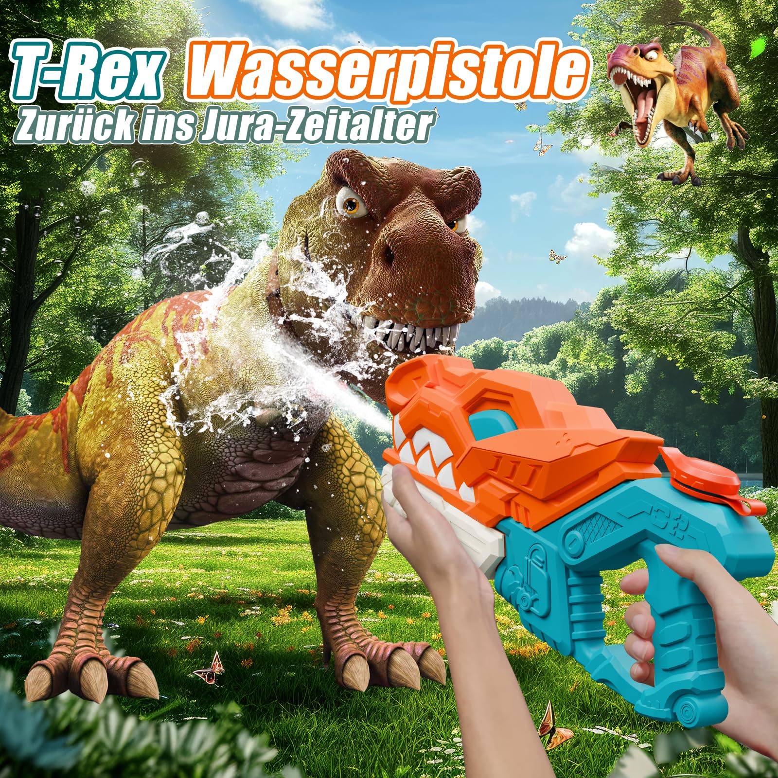 weirtoya 2 Stück Dinosaurier Wasserpistole Kinder&Erwachsene, 580ml Wasserspritzpistole 7-10m Powered Water Gun, Geeignet für Wasserpartys, Poolpartys und Wasserpistolenschlachten