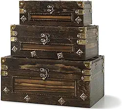 Soul & Lane Baús de armazenamento de madeira Branson – Conjunto de 3, baús decorativos vintage com tampas articuladas para decoração e armazenamento de casa, caixas de madeira antiga para lembranças
