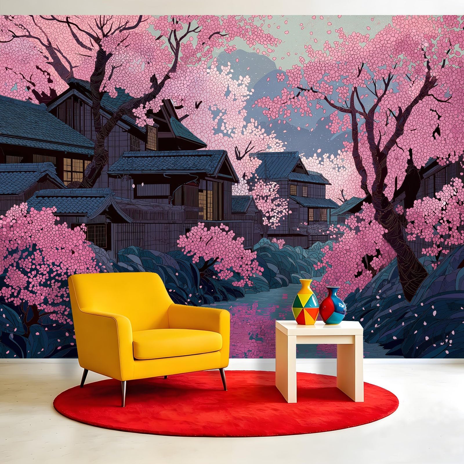 Panoramiczna tapeta z włókniny japońskiej, tradycyjna, 400 x 280 cm, tapeta z włókniny, dekoracja do salonu i sypialni, efekt 3D, kwiaty, drzewa, domek z drewna, strumień