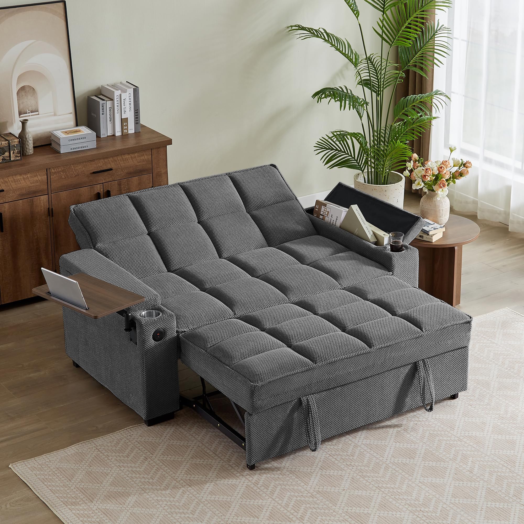 Eafurn Convertible Sleeper Sofa Bed with 360° Swivel Table & USB Ports, Tufted Chenille Loveseat Pull-Out Couch with Storage Armrest & Cup Holders, 6-Level Adjustable Backrest