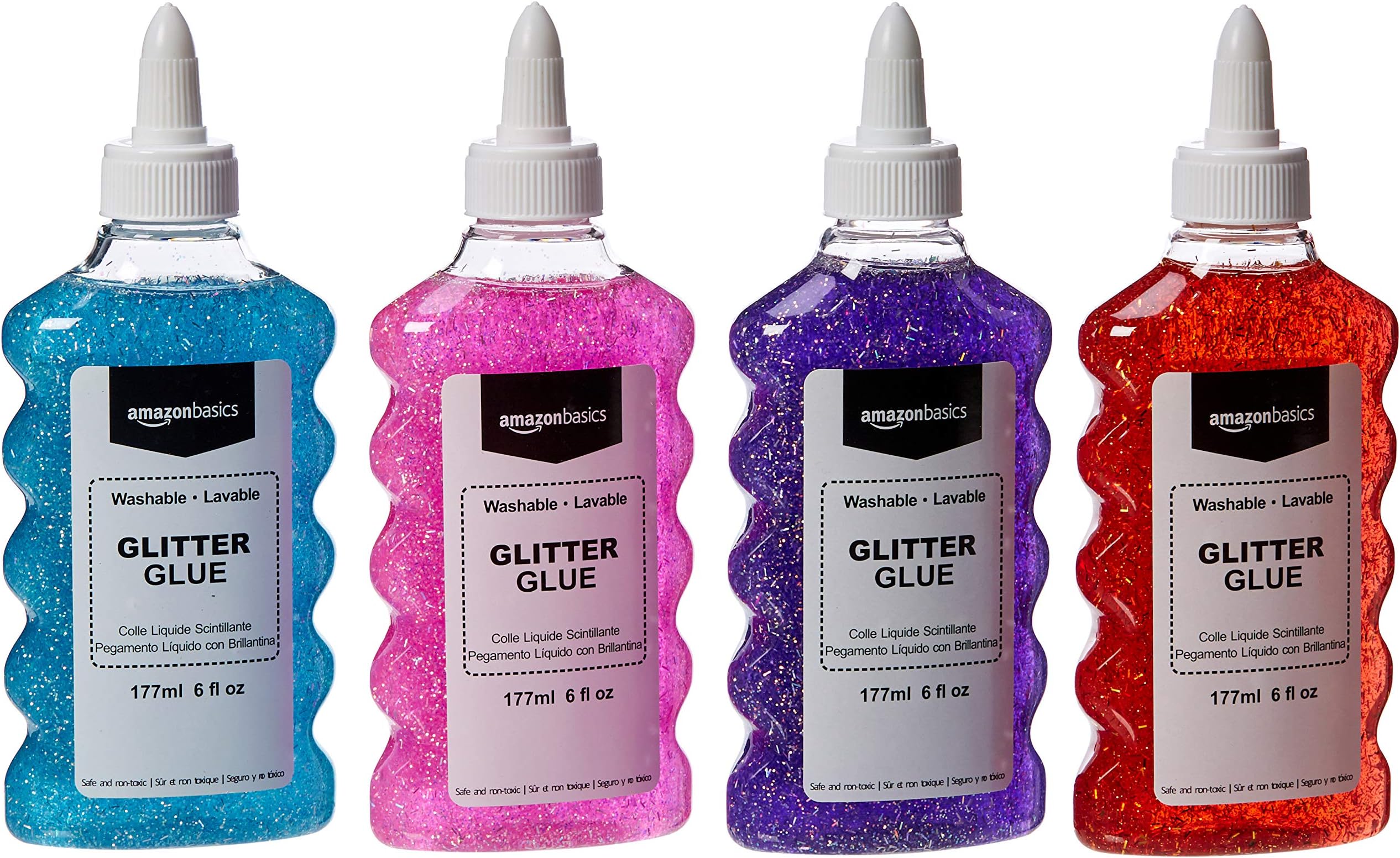 Liquid Washable Glitter Glue for Making Slime, Art Crafts and School, Assorted Colors (Purple, Pink, Red, Blue), 6 oz Each, 4-Count