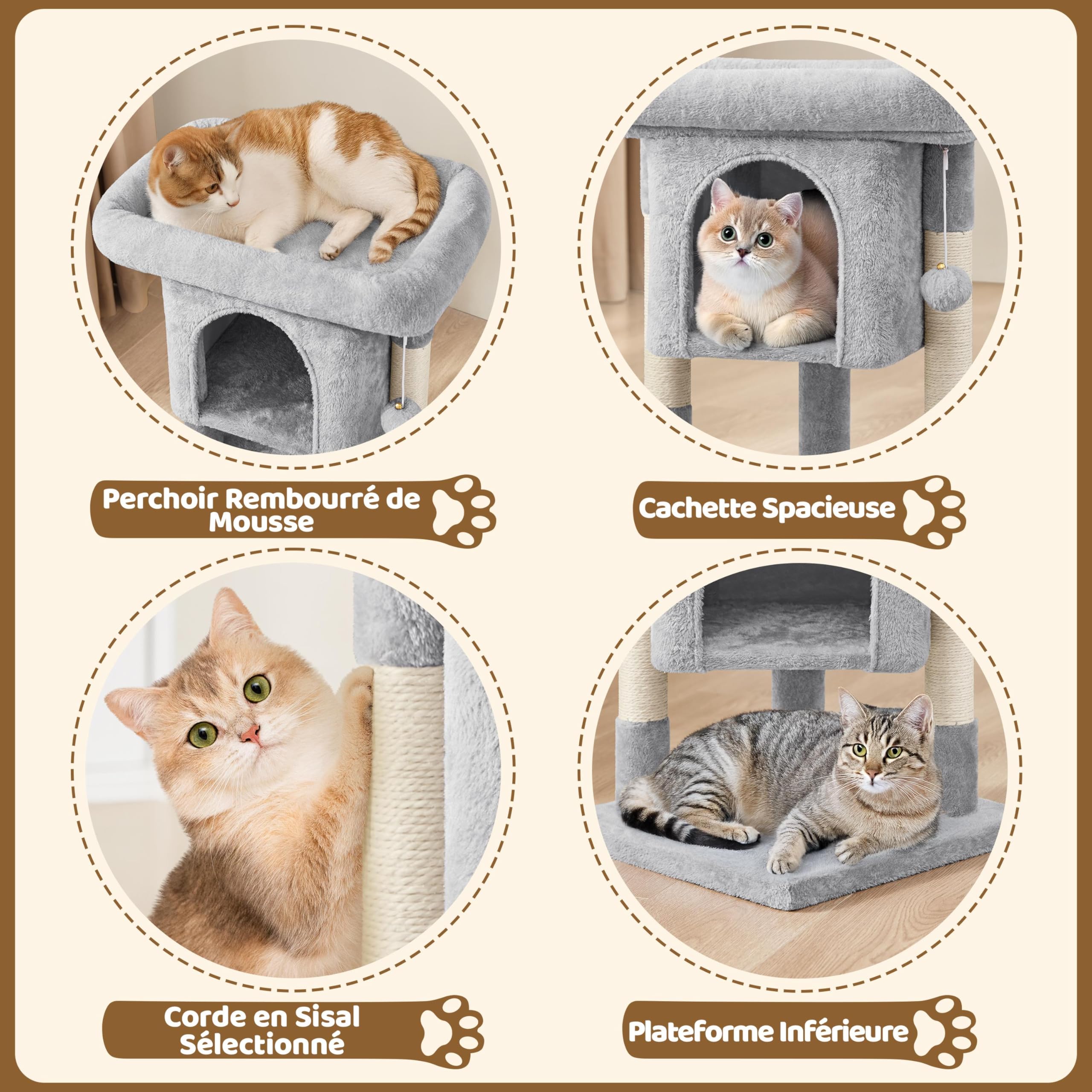 Yaheetech Arbre à Chat Design avec Niche et Plate-Forme Arbre-griffoir Tour pour Chat Hauteur 59cm Gris Clair