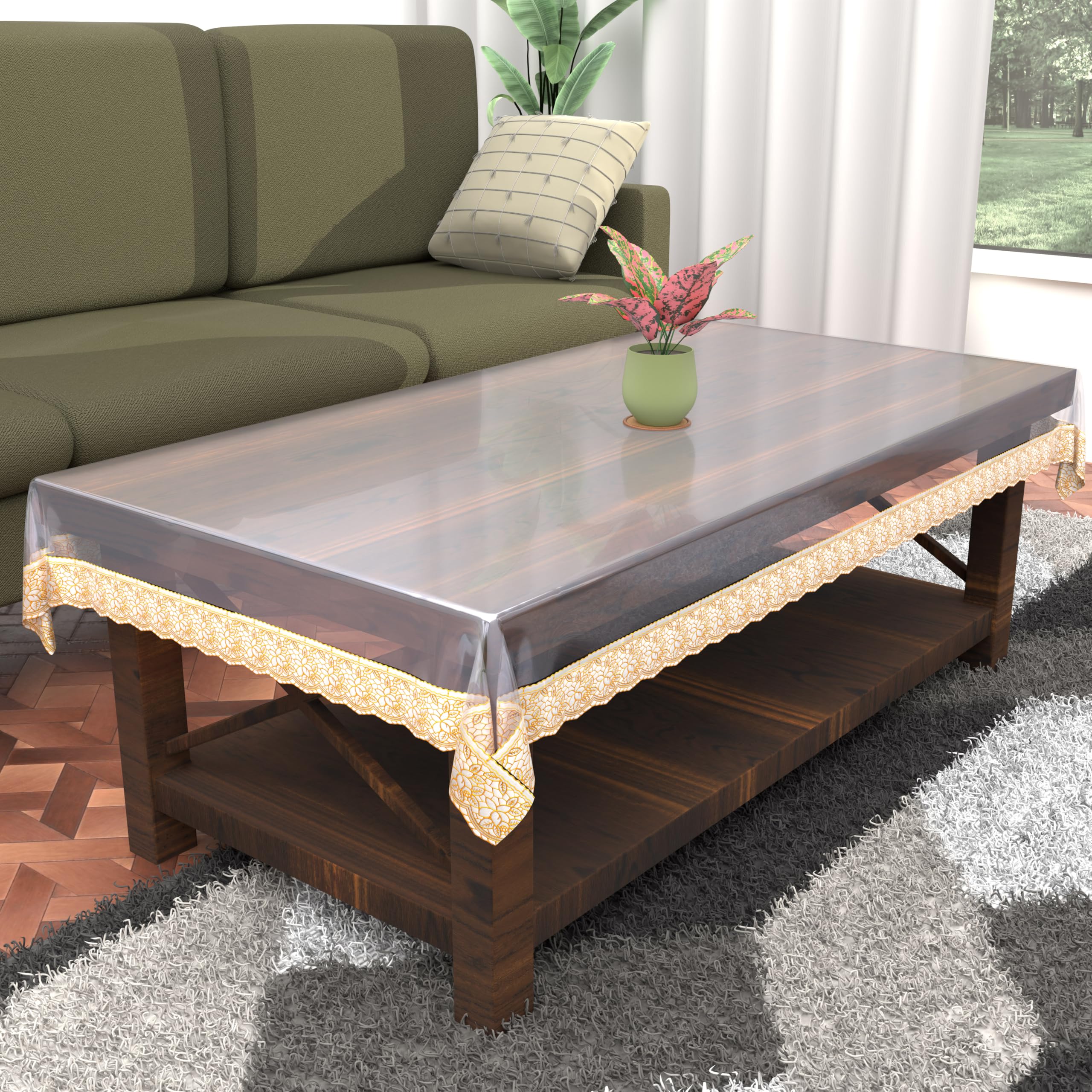 Kuber Industries PVC Transparent Table Cover 4 seater | Table Protector Sheet | Waterproof and Dustproof | Gold Lace Transparent Table Cloth | Center Table Cover | 40x60 Inch | Gold
