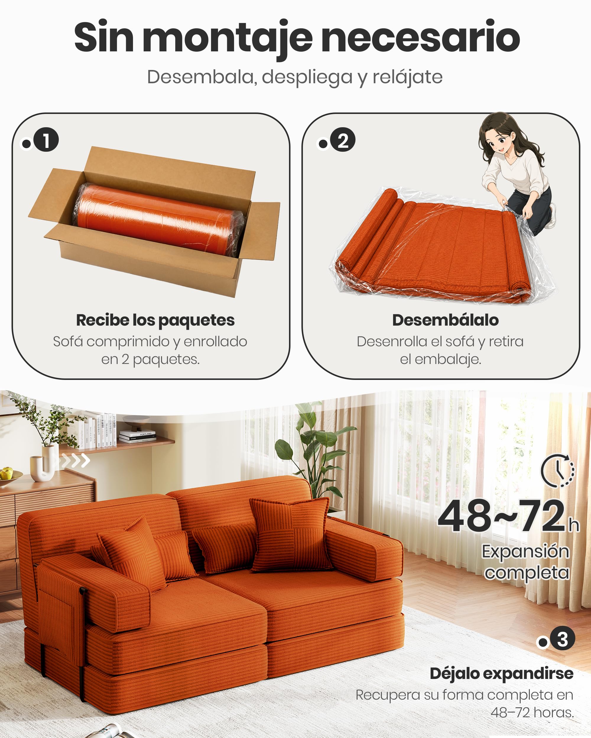 190cm Sofá Cama 2-3 Plazas con Espuma, Modular 5 en 1, Naranja | Versátil Sofá Cama de Pana con Asiento Profundo, Sofá de Suelo para Apartamento, Apto para Mascotas y Ergonómico