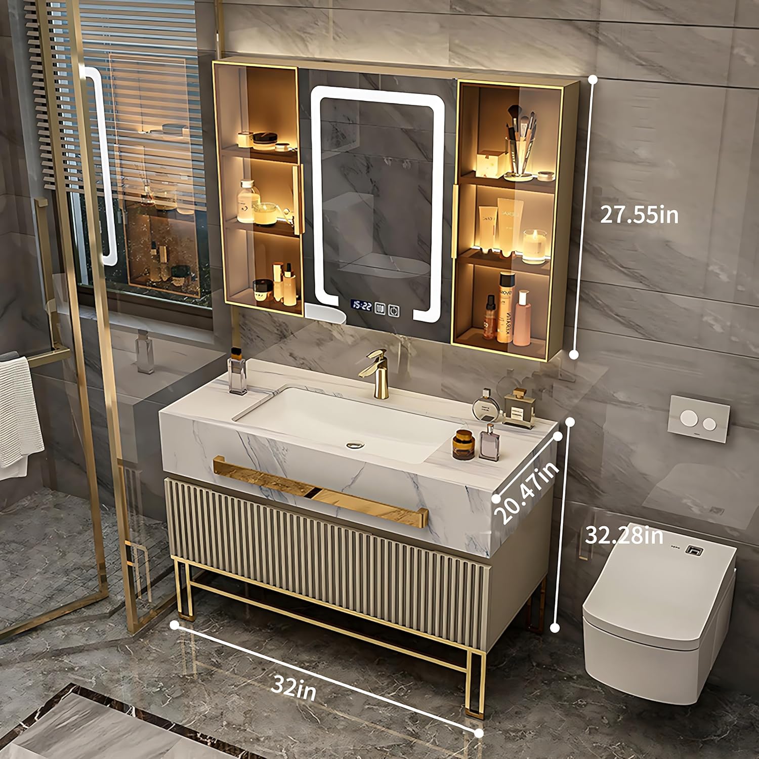 Bathroom Vanity - Bathroom Vanity with Sink, Bathroom Vanities Set Includes Smart Led Fog Removal Lights & Mirror Side Cabinet (32")