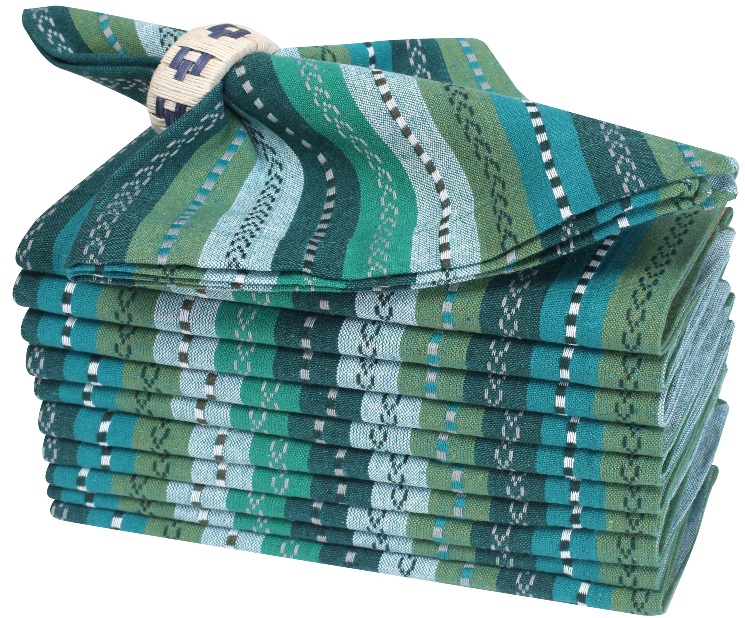 Bedding Craft Cotton Cloth Dinner Napkins Set of 12 – 18x18 Green Multi Salsa Stripe – Durable Machine Washable Fabric Napkins for Weddings, Restaurants, Kitchen & Everyday Dining