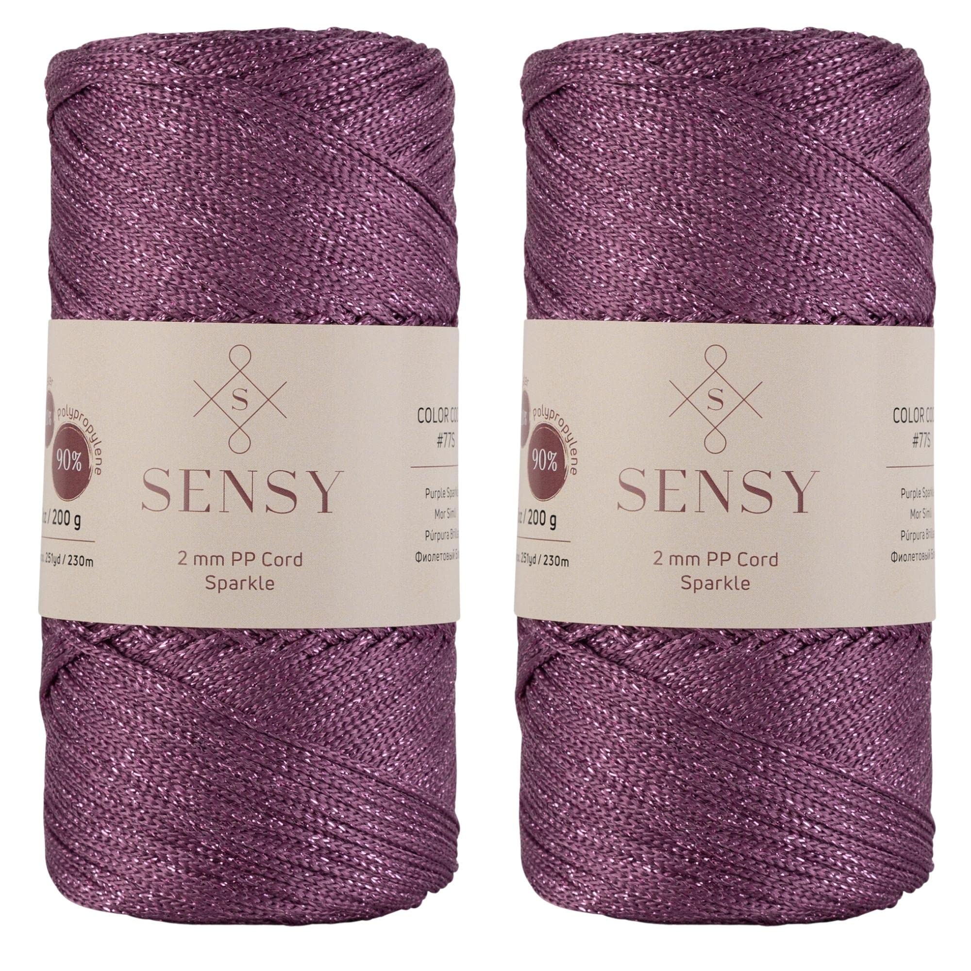 Sensy Premium - Corda in poliestere glitterata, 2 mm, 230 m, 90% polipropilene, 10% poliestere, filo per uncinetto, Corda per macramè, filo per uncinetto, Regalo per maglieria (Violet Pétiller)