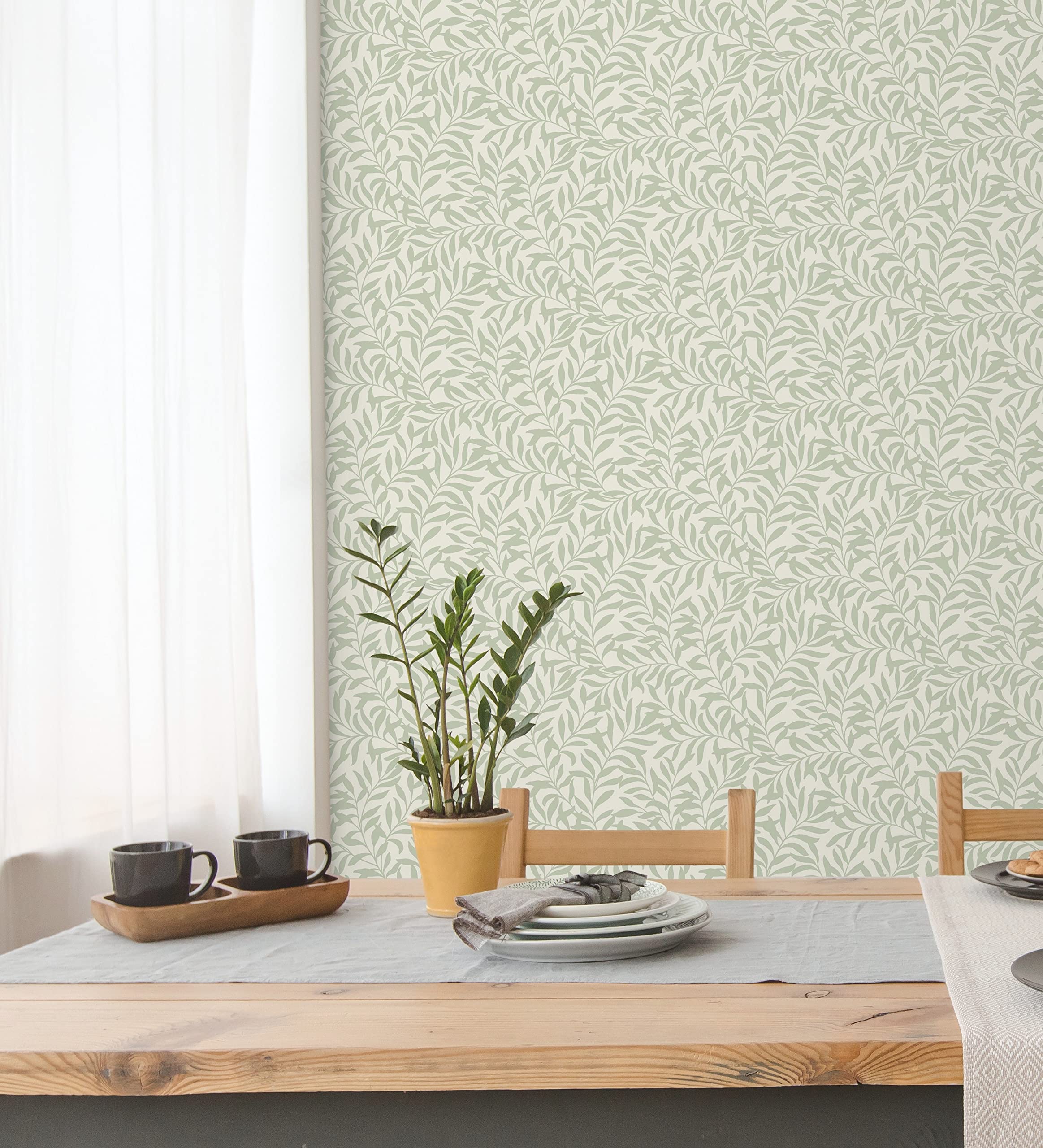 GAULAN 681206 - Papel pintado vinílico ecológico de hojas efecto nacarado color verde para pared salón cocina baño dormitorio comedor - Rollo de 10 m x 0,53 m